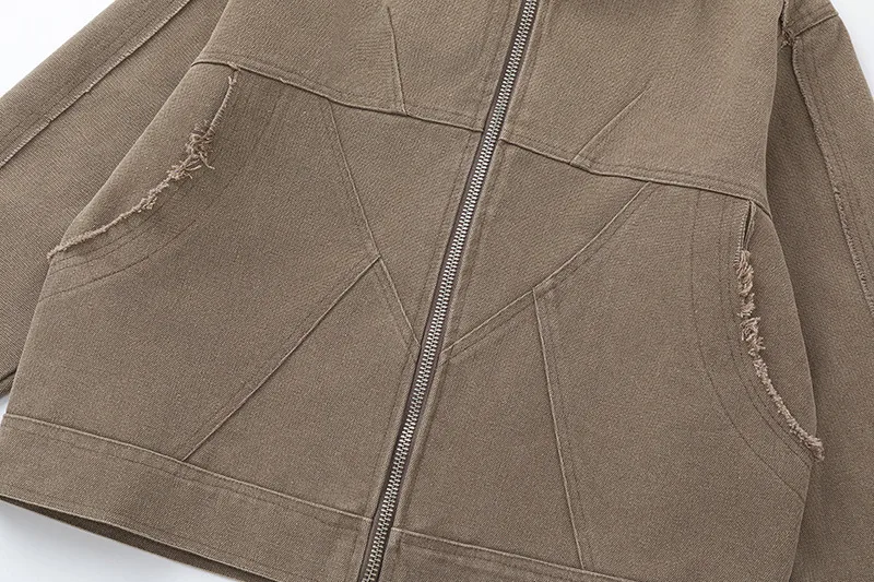 Jiayiku Men's  Autumn And Winter New American Retro Stitching Design Wash Rough Edge Vertical Collar Jacket Coat display picture 6