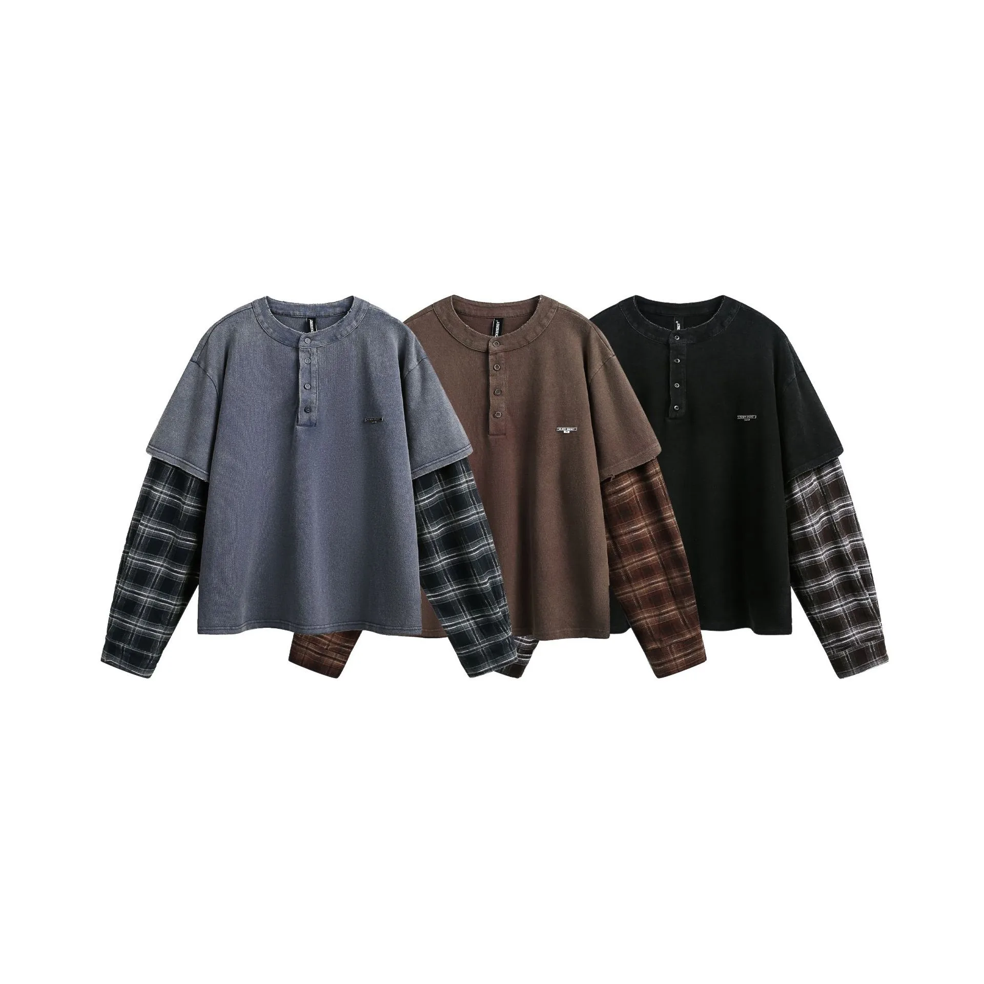 Jiayiku Men's  Spring New American Street Fashion Brand Retro Washed Batik Plaid Fake Two-Piece Sweater display picture 2