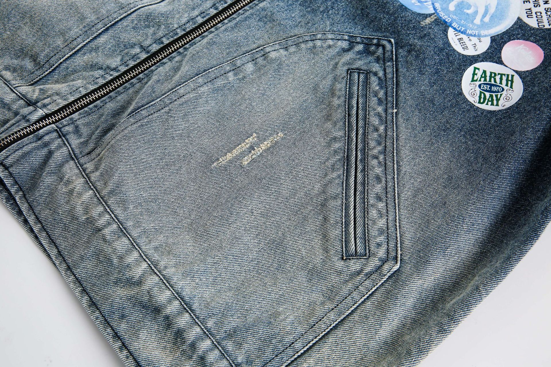 Jiayiku Tide Brand  Spring New American Retro Badge Design Gradient Wash Water Denim Jacket Coat display picture 19