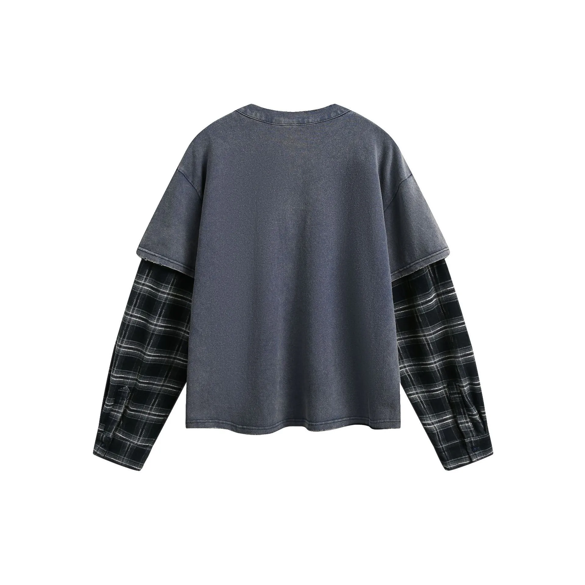 Jiayiku Men's  Spring New American Street Fashion Brand Retro Washed Batik Plaid Fake Two-Piece Sweater display picture 4