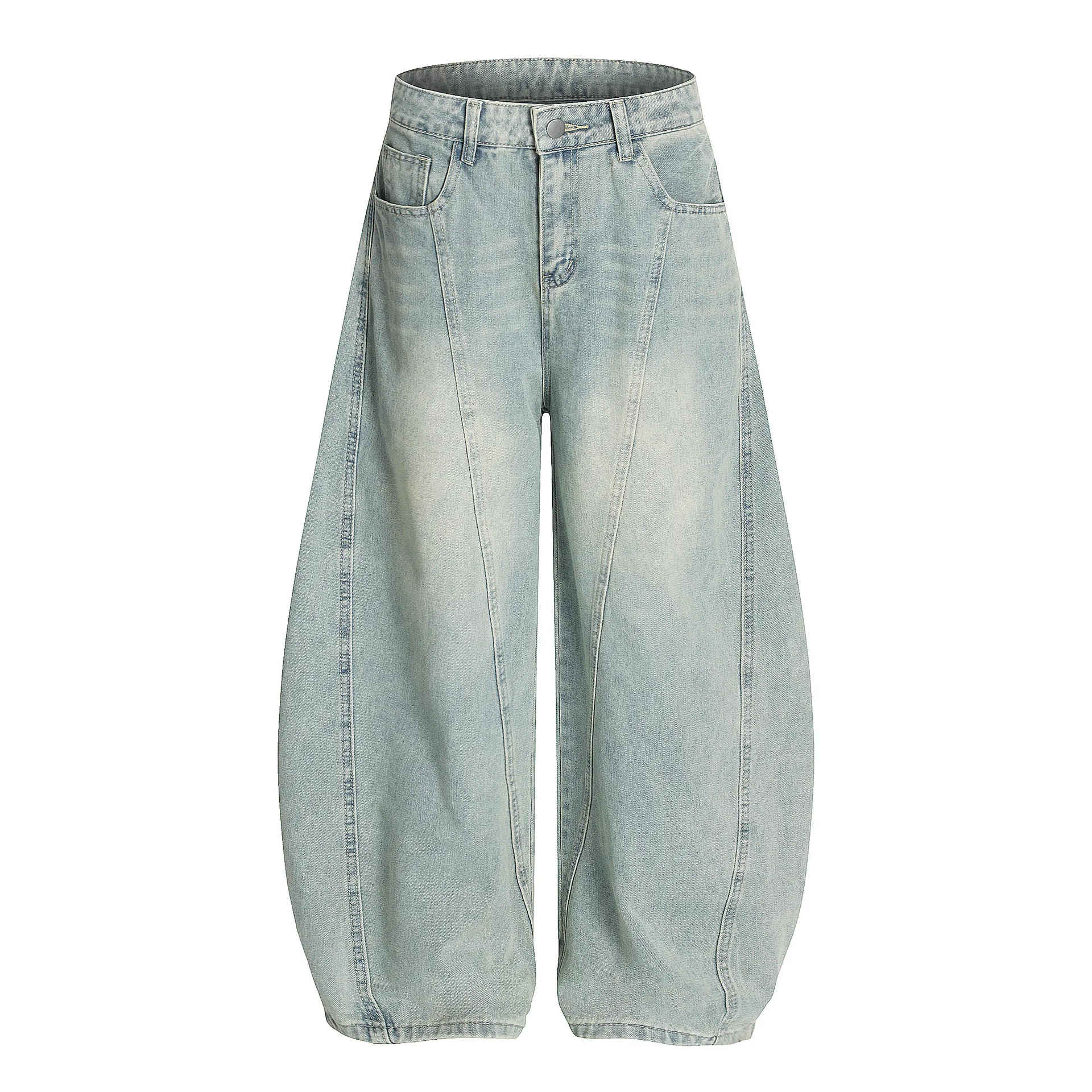 Jiayiku Fashion Brand  American Vintage Vibe Personalized Stitching Washed Jeans Men's And Women's Wide Leg Machete Trousers display picture 7