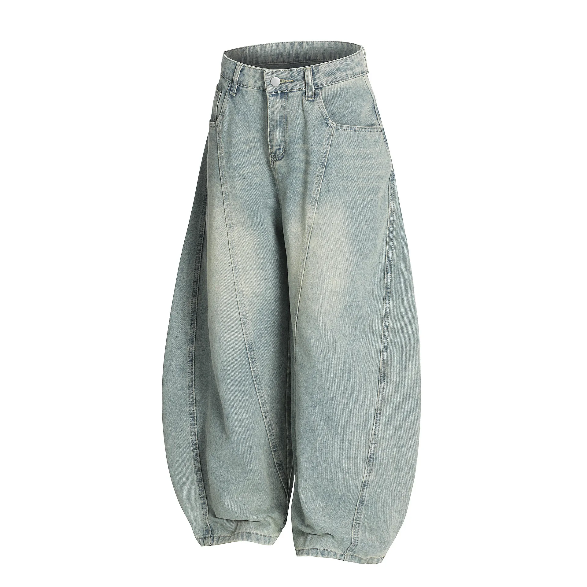 Jiayiku Fashion Brand  American Vintage Vibe Personalized Stitching Washed Jeans Men's And Women's Wide Leg Machete Trousers display picture 8