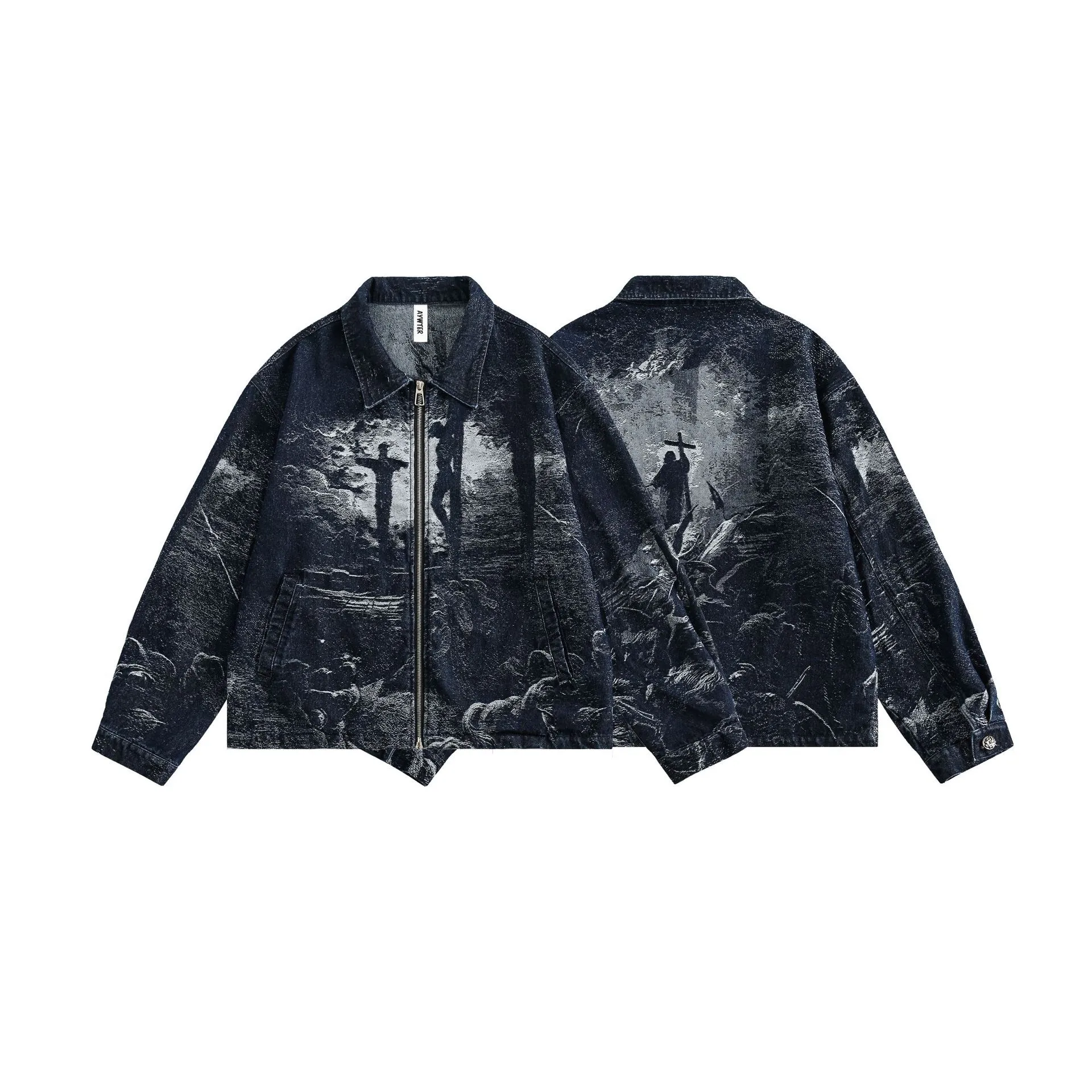 Jiayiku Tide Brand  Spring New American Retro Dark Jacquard Texture Denim Jacket Personality Coat display picture 2