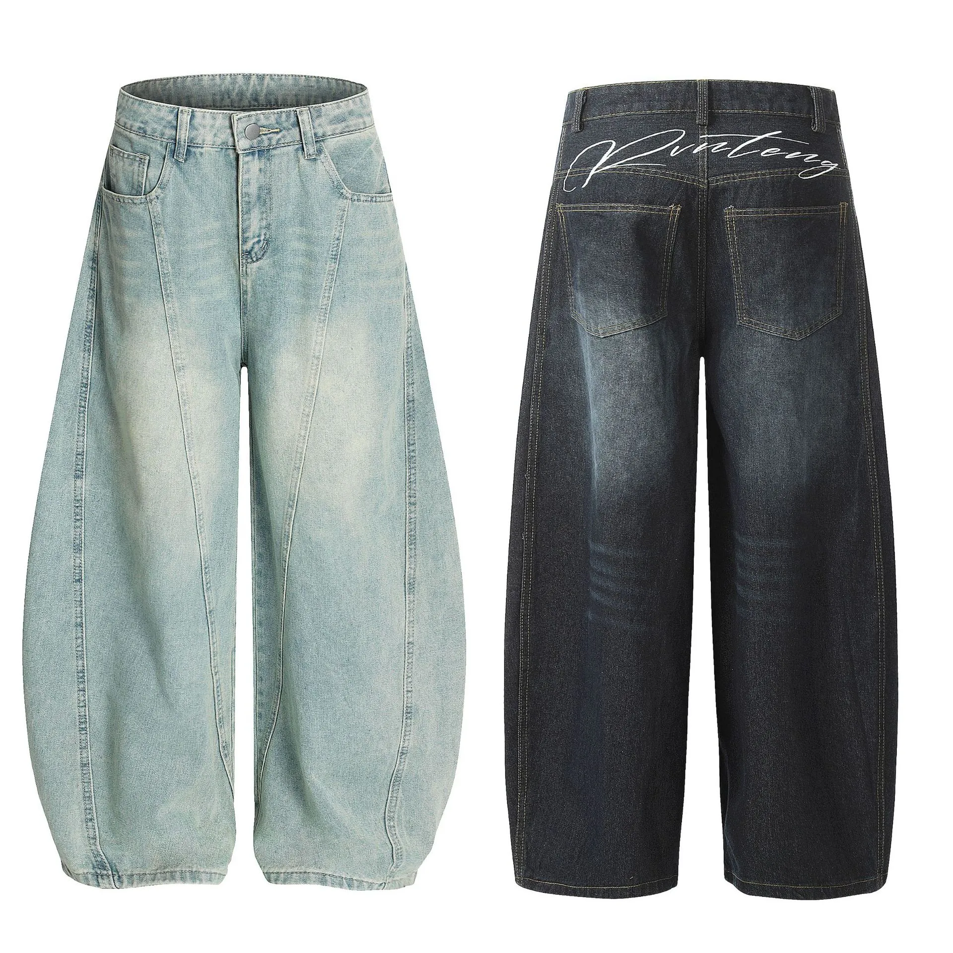 Jiayiku Fashion Brand  American Vintage Vibe Personalized Stitching Washed Jeans Men's And Women's Wide Leg Machete Trousers display picture 2