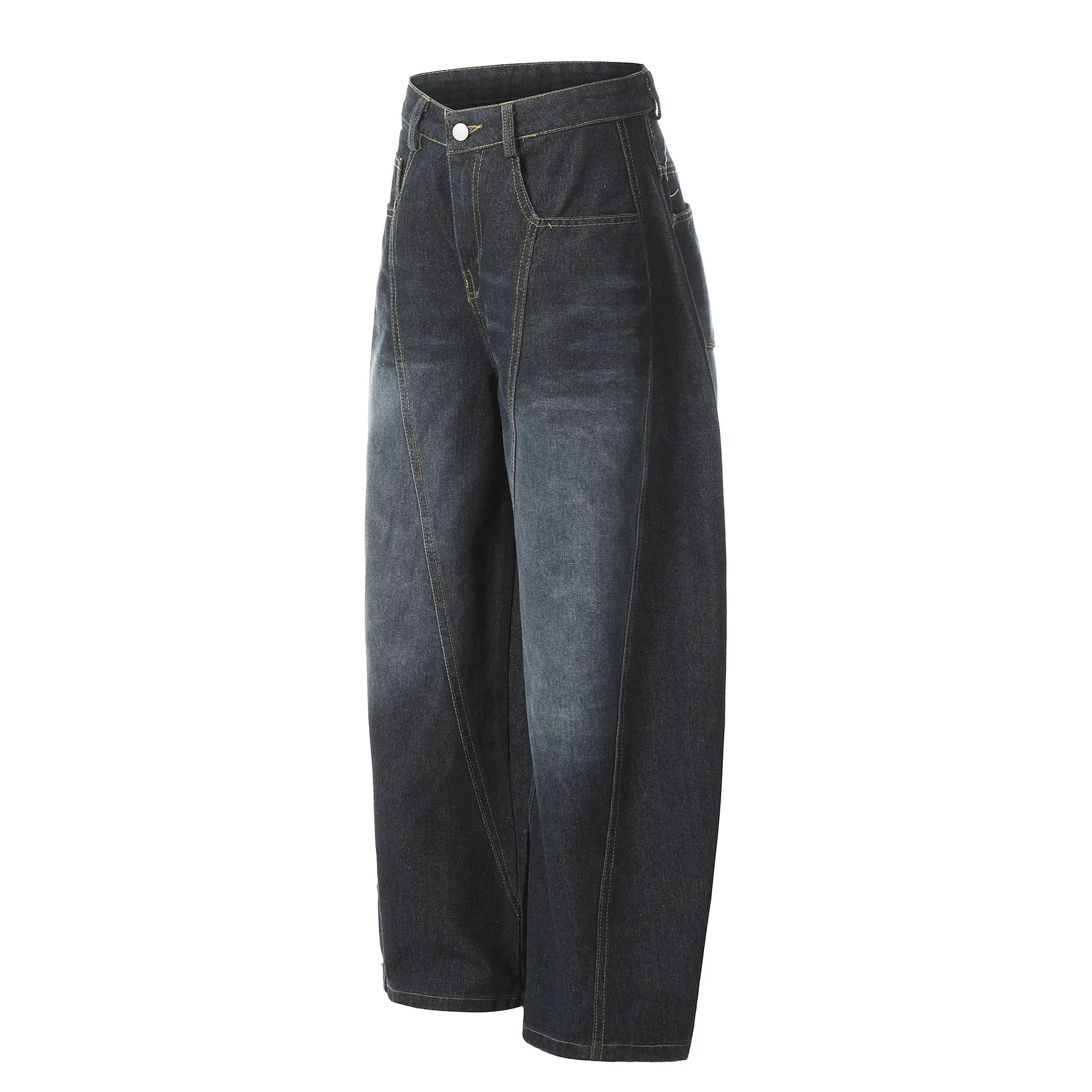 Jiayiku Fashion Brand  American Vintage Vibe Personalized Stitching Washed Jeans Men's And Women's Wide Leg Machete Trousers display picture 4