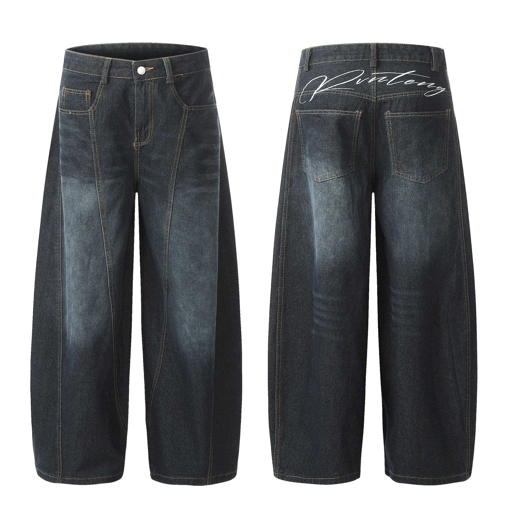 Jiayiku Fashion Brand  American Vintage Vibe Personalized Stitching Washed Jeans Men's And Women's Wide Leg Machete Trousers display picture 6