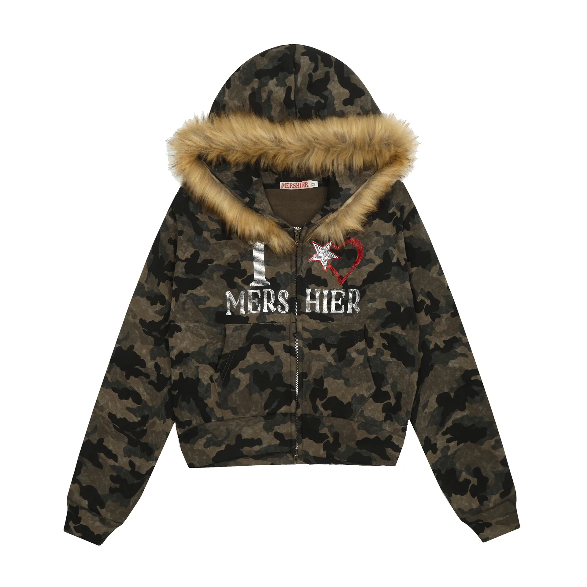 Jiayiku Fashion Brand  New American Style Retro Fur Collar Camouflage Rhinestone Hoodie Short Jacket Cardigan Zipper Sweater display picture 2