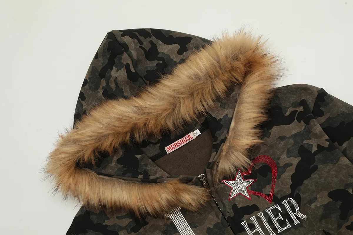 Jiayiku Fashion Brand  New American Style Retro Fur Collar Camouflage Rhinestone Hoodie Short Jacket Cardigan Zipper Sweater display picture 4