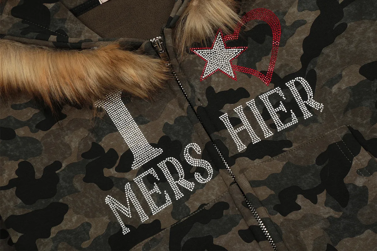 Jiayiku Fashion Brand  New American Style Retro Fur Collar Camouflage Rhinestone Hoodie Short Jacket Cardigan Zipper Sweater display picture 5