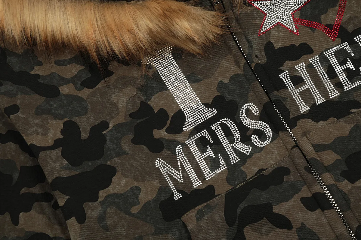 Jiayiku Fashion Brand  New American Style Retro Fur Collar Camouflage Rhinestone Hoodie Short Jacket Cardigan Zipper Sweater display picture 6