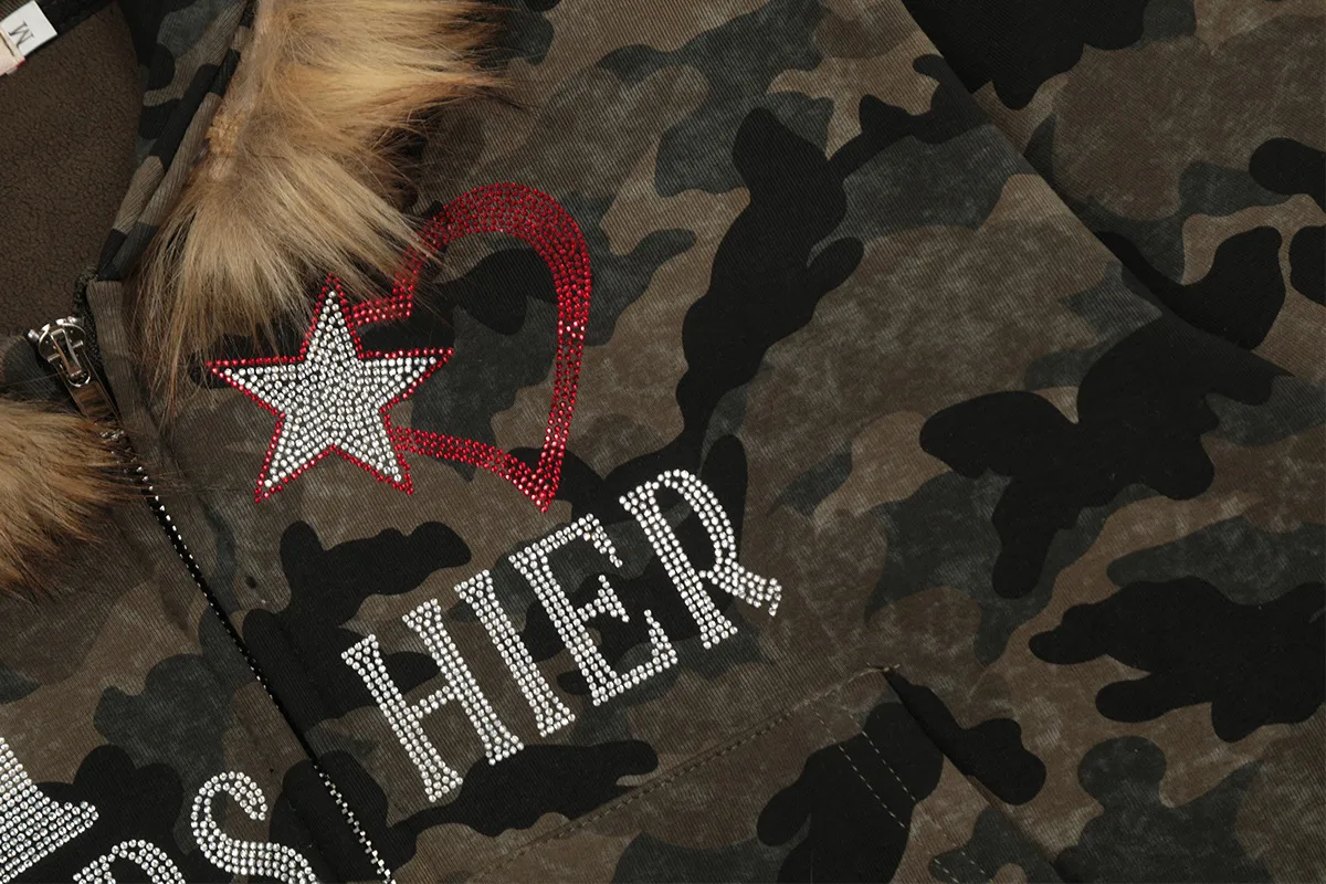Jiayiku Fashion Brand  New American Style Retro Fur Collar Camouflage Rhinestone Hoodie Short Jacket Cardigan Zipper Sweater display picture 7