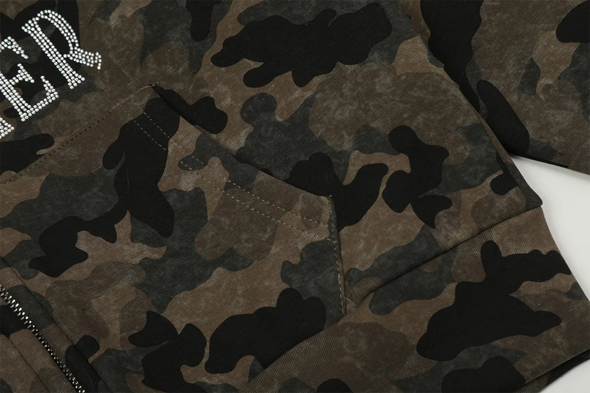 Jiayiku Fashion Brand  New American Style Retro Fur Collar Camouflage Rhinestone Hoodie Short Jacket Cardigan Zipper Sweater display picture 9