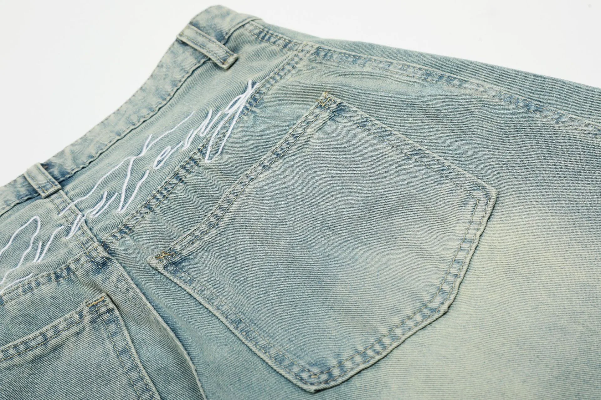 Jiayiku Fashion Brand  American Vintage Vibe Personalized Stitching Washed Jeans Men's And Women's Wide Leg Machete Trousers display picture 28