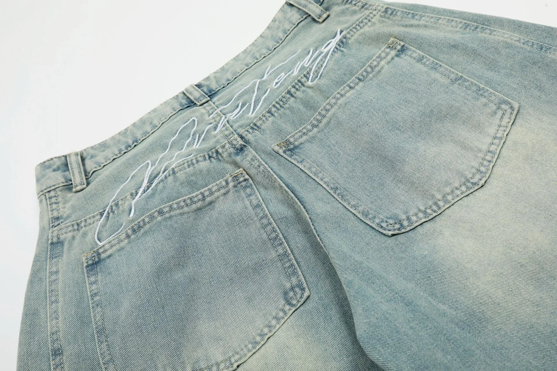 Jiayiku Fashion Brand  American Vintage Vibe Personalized Stitching Washed Jeans Men's And Women's Wide Leg Machete Trousers display picture 30