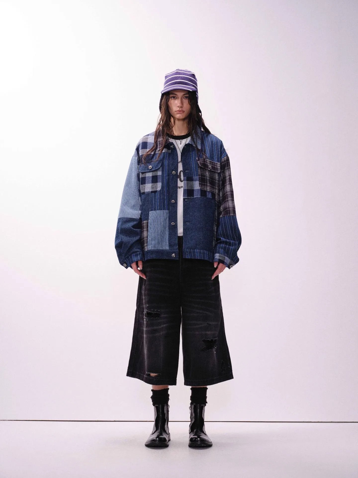 Jiayiku Tide Brand  Autumn And Winter New American Retro Contrast Color Patch Design Denim Jacket Antique Feeling Coat display picture 2