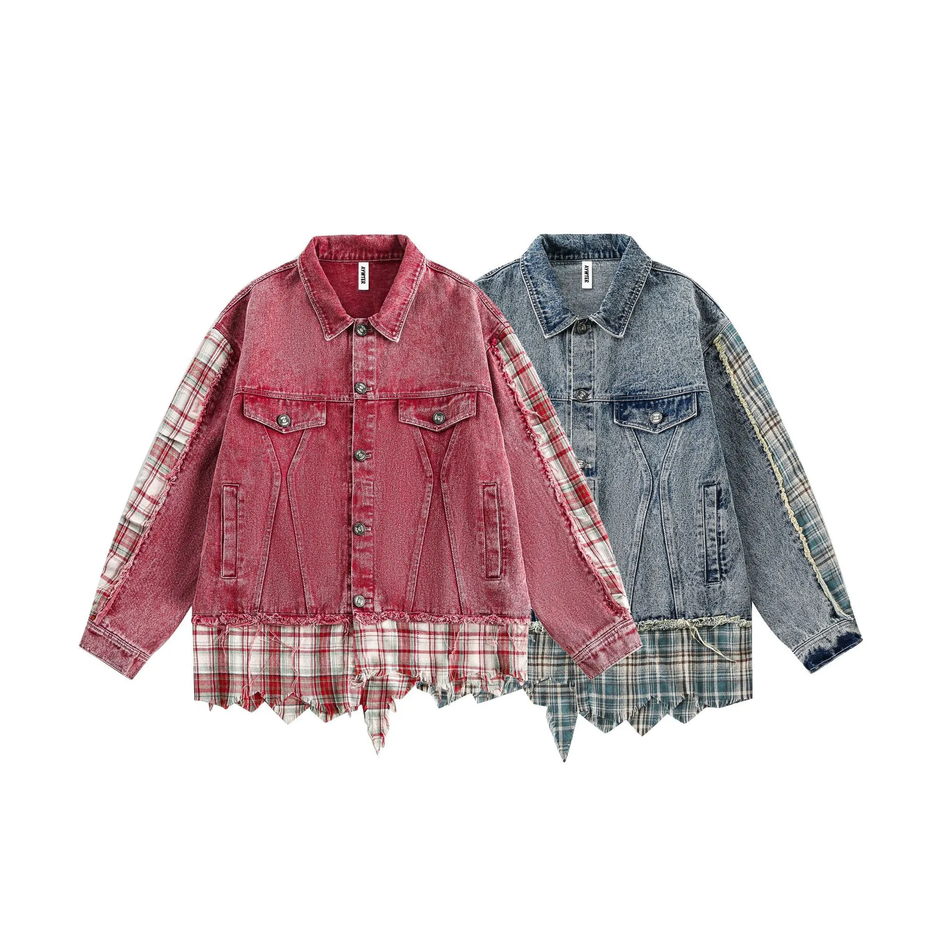 Jiayiku Men's  Spring New American Retro Stitching Plaid Wash Denim Jacket Fake Two-Piece Jacket display picture 2