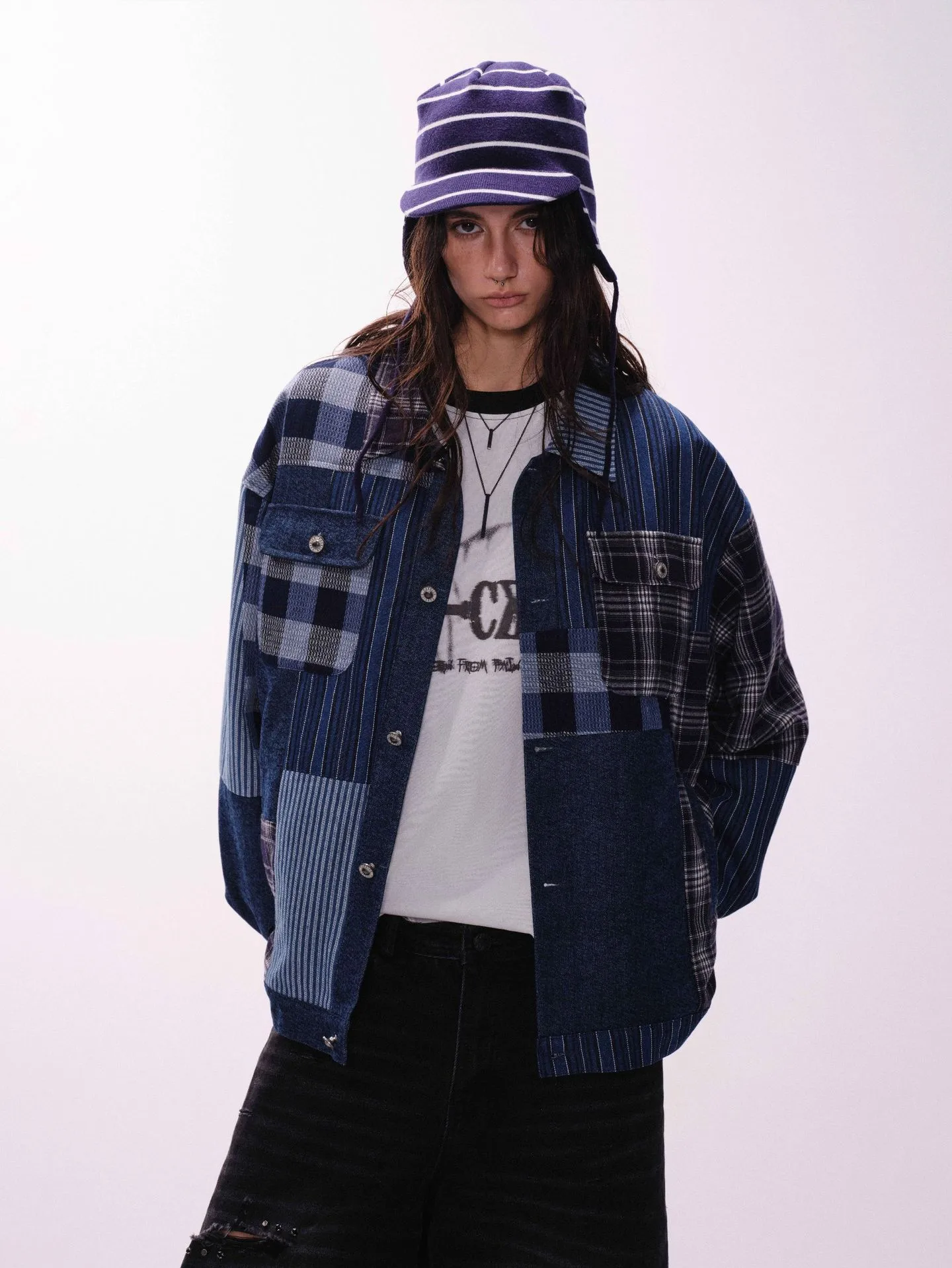 Jiayiku Tide Brand  Autumn And Winter New American Retro Contrast Color Patch Design Denim Jacket Antique Feeling Coat display picture 3