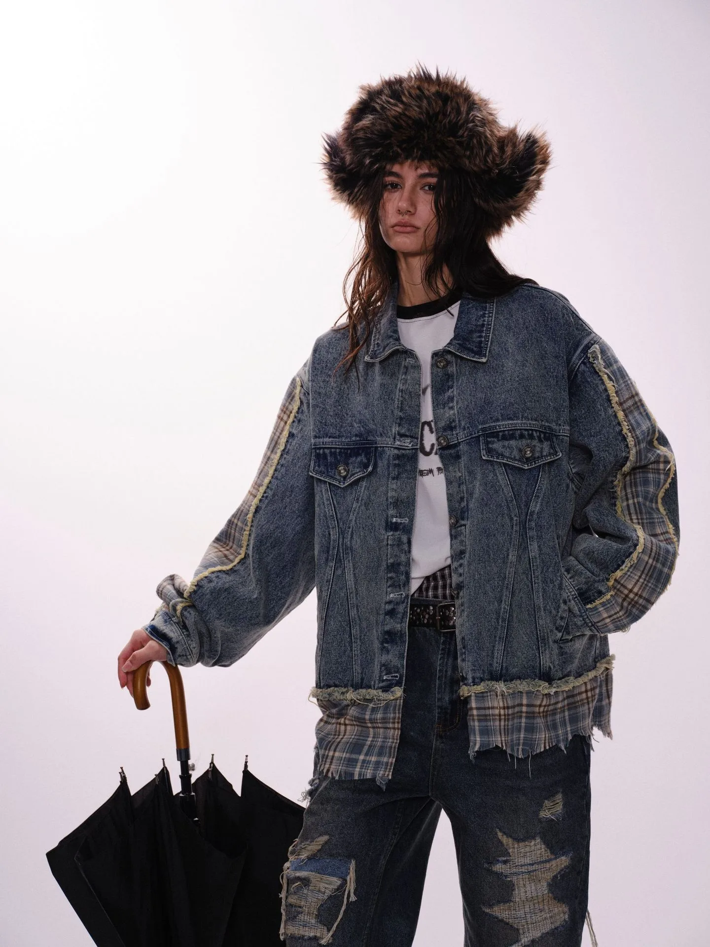Jiayiku Men's  Spring New American Retro Stitching Plaid Wash Denim Jacket Fake Two-Piece Jacket display picture 4