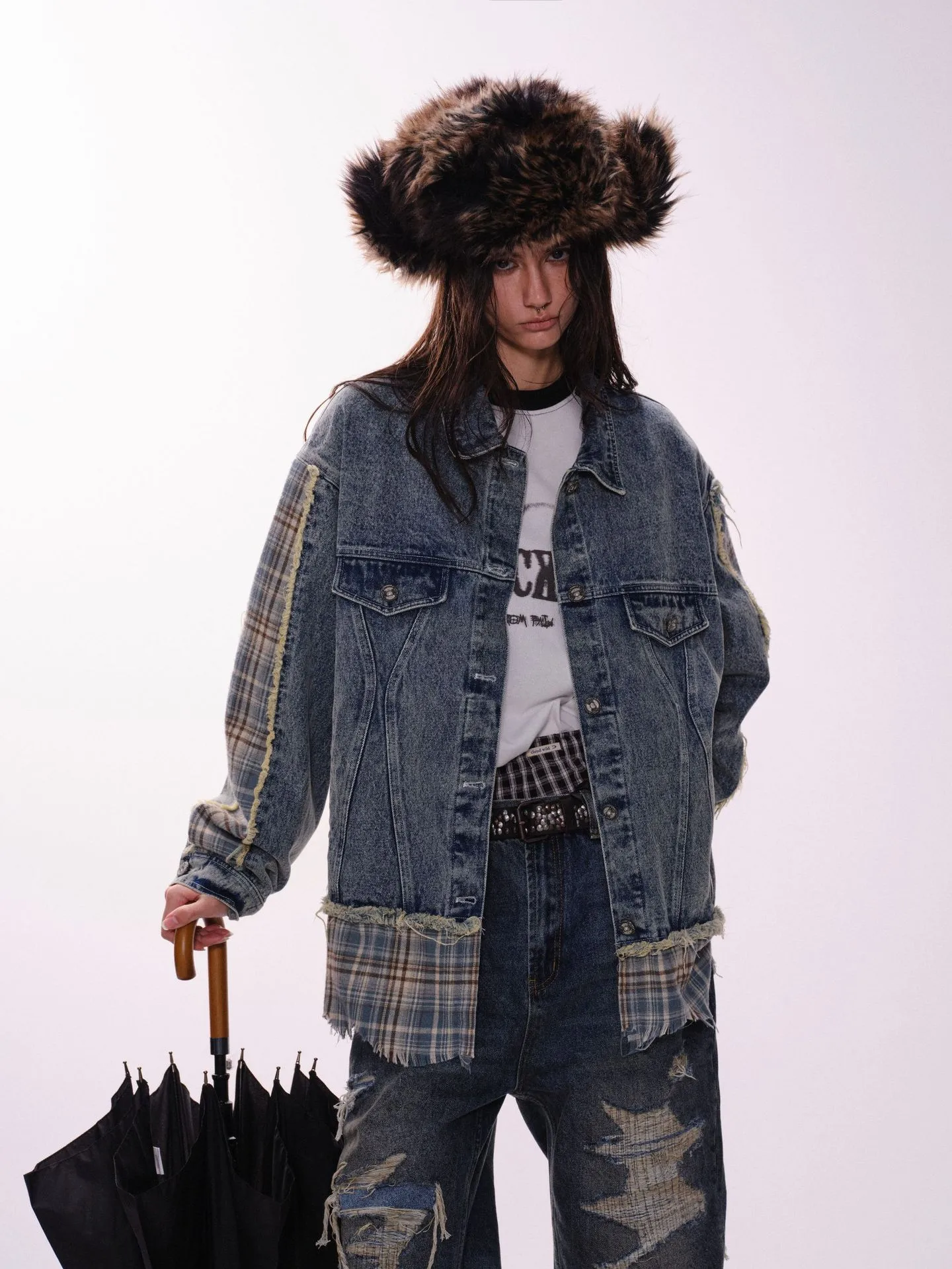 Jiayiku Men's  Spring New American Retro Stitching Plaid Wash Denim Jacket Fake Two-Piece Jacket display picture 5