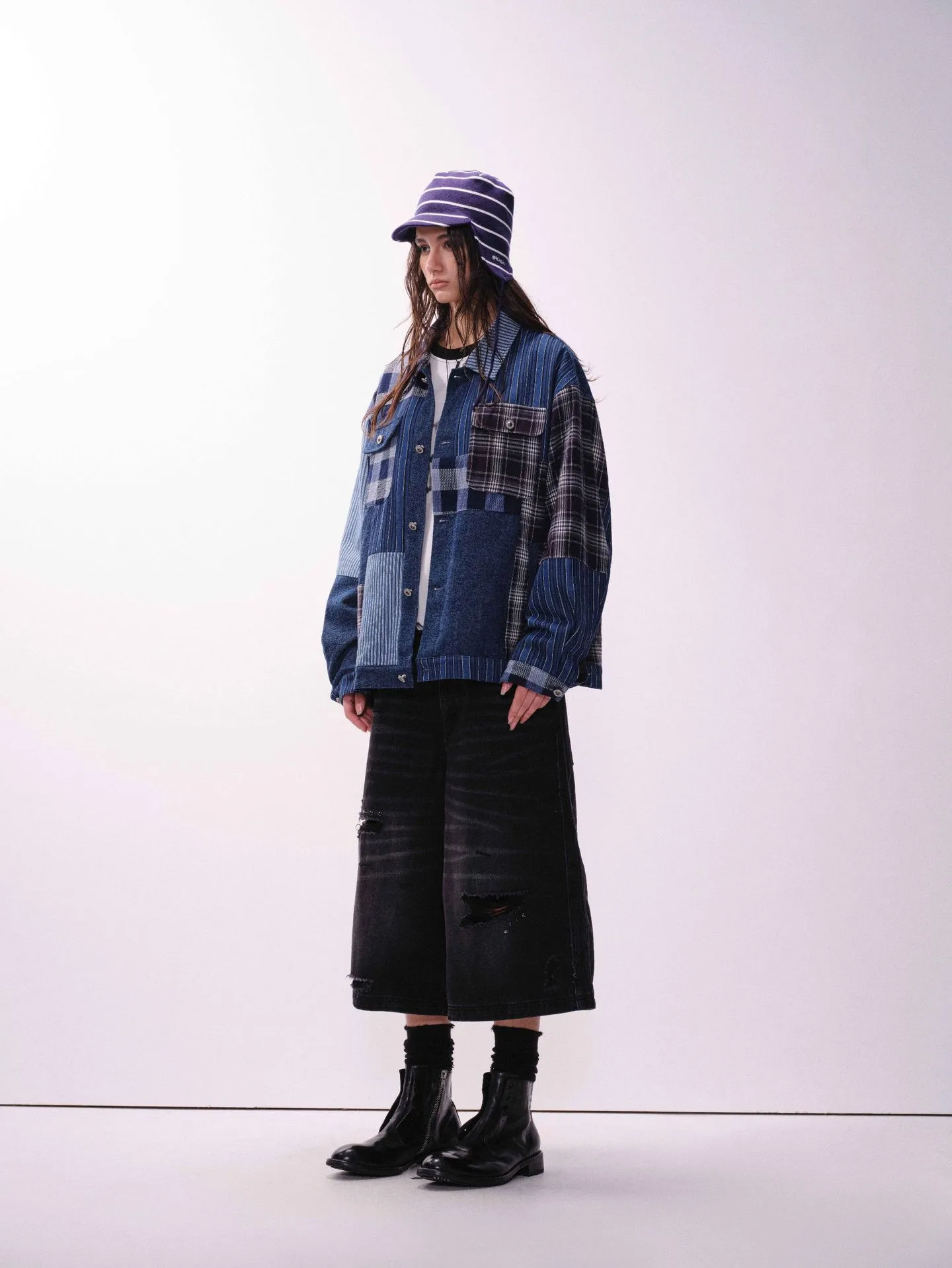 Jiayiku Tide Brand  Autumn And Winter New American Retro Contrast Color Patch Design Denim Jacket Antique Feeling Coat display picture 7