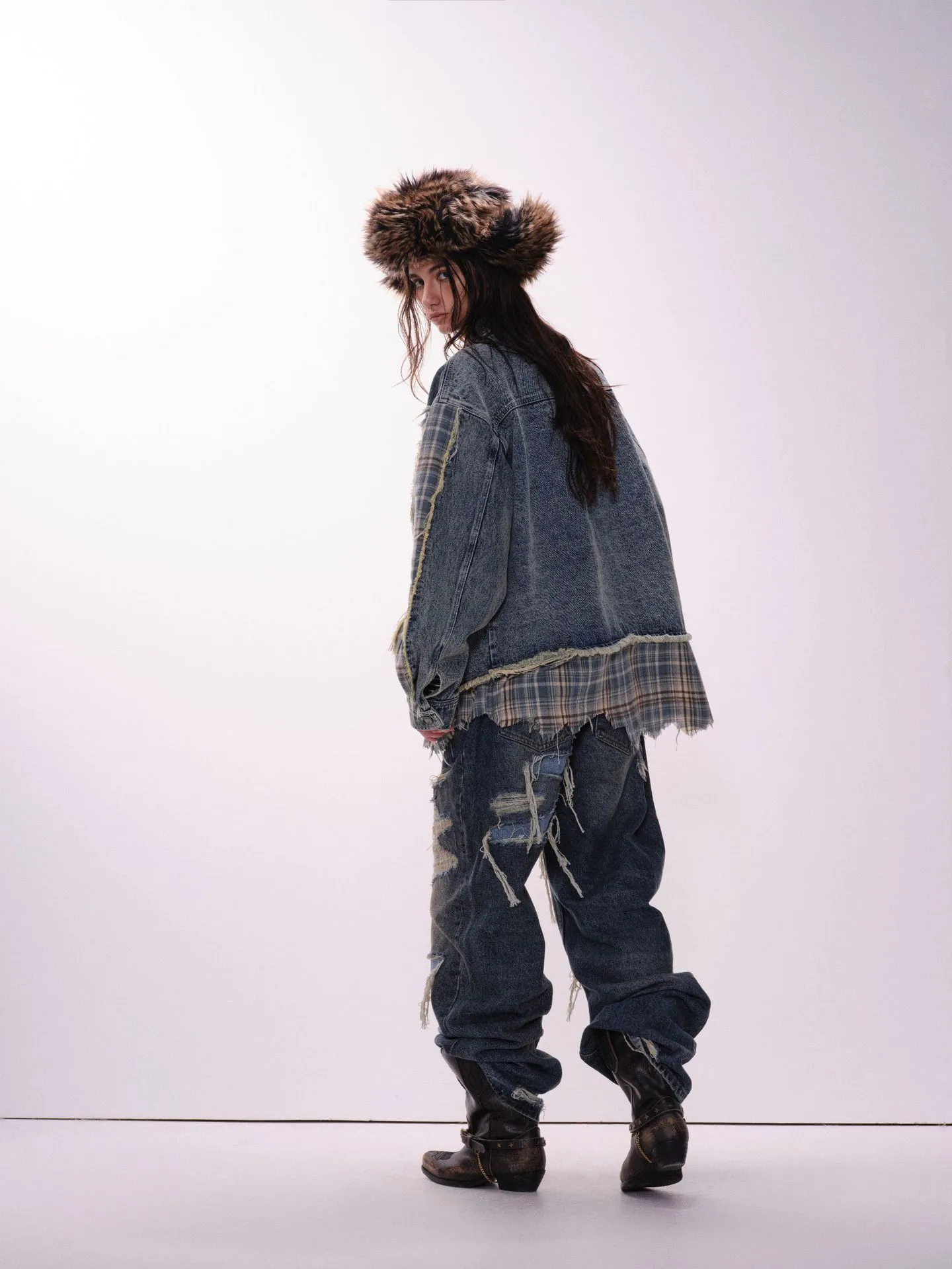 Jiayiku Men's  Spring New American Retro Stitching Plaid Wash Denim Jacket Fake Two-Piece Jacket display picture 8