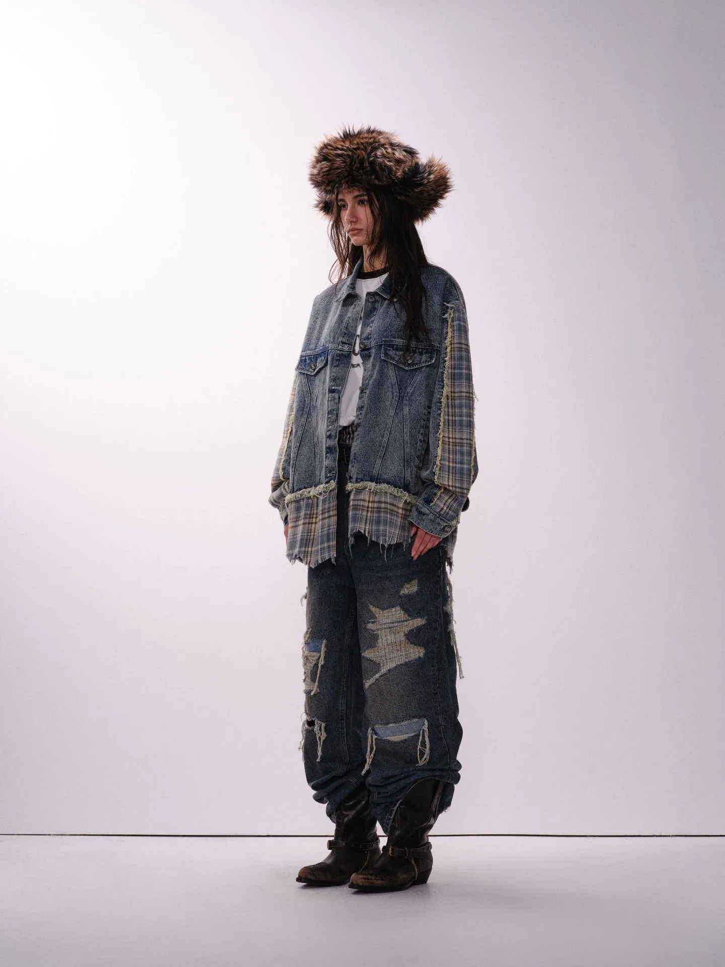 Jiayiku Men's  Spring New American Retro Stitching Plaid Wash Denim Jacket Fake Two-Piece Jacket display picture 9