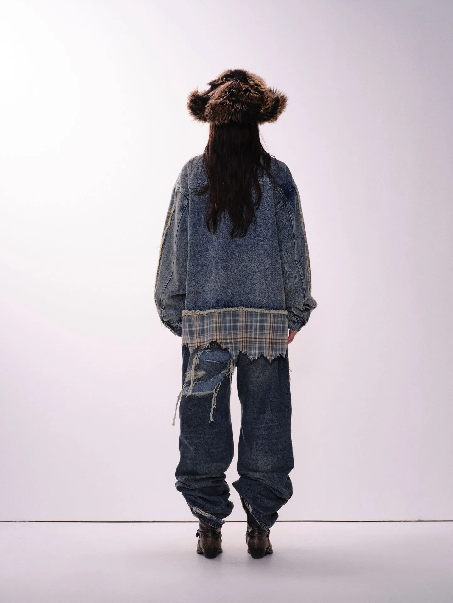 Jiayiku Men's  Spring New American Retro Stitching Plaid Wash Denim Jacket Fake Two-Piece Jacket display picture 10