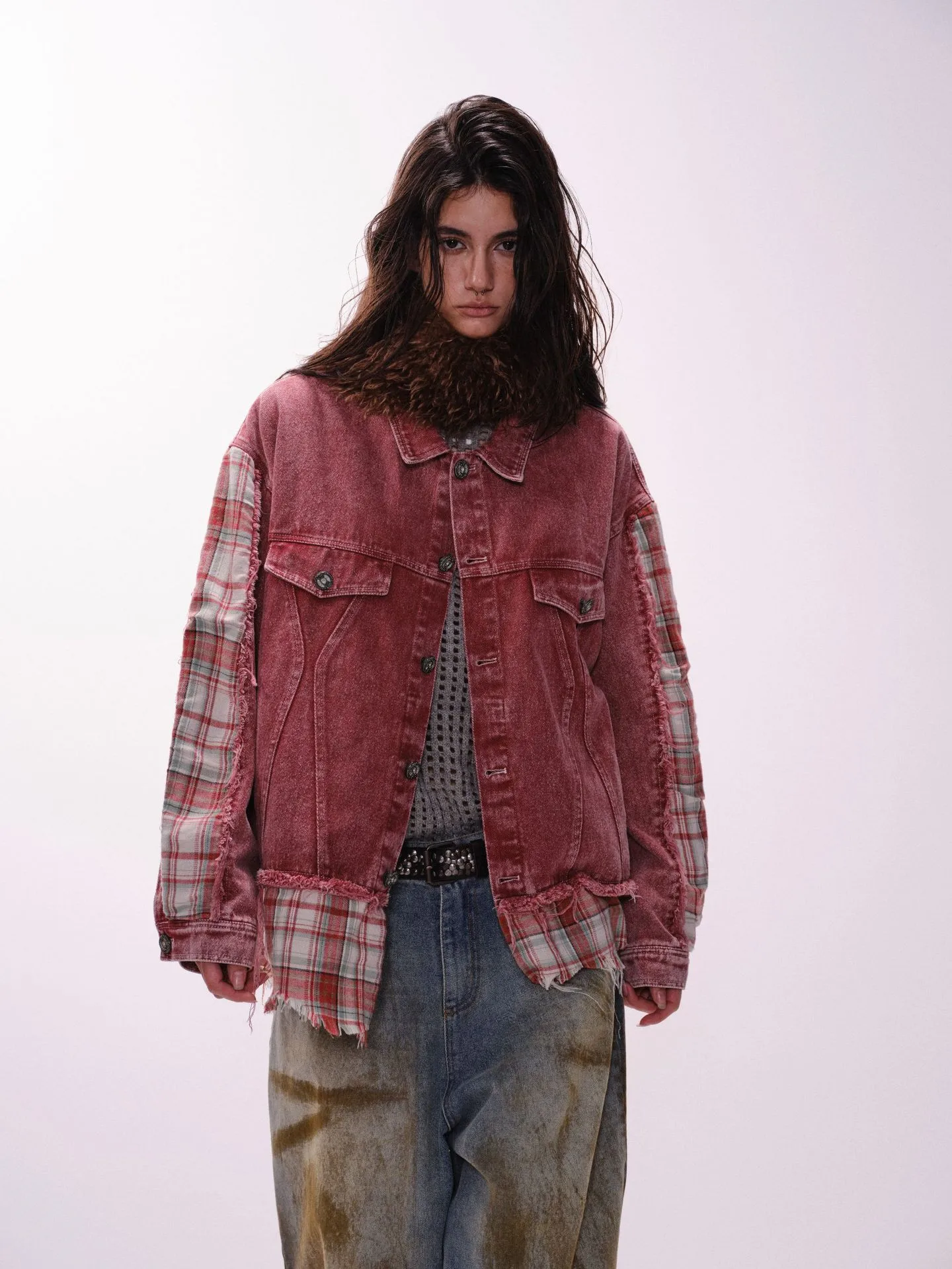 Jiayiku Men's  Spring New American Retro Stitching Plaid Wash Denim Jacket Fake Two-Piece Jacket display picture 12
