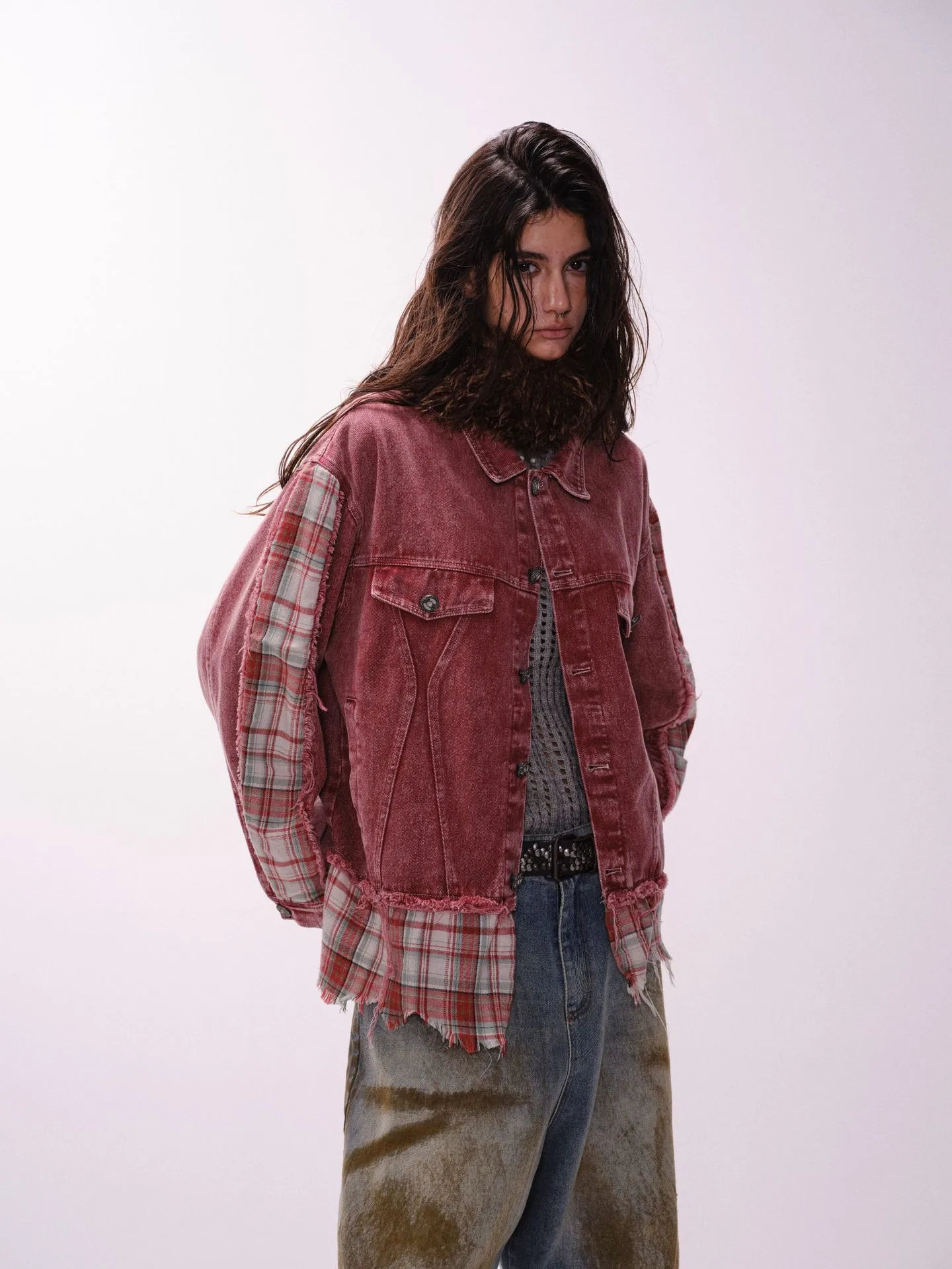 Jiayiku Men's  Spring New American Retro Stitching Plaid Wash Denim Jacket Fake Two-Piece Jacket display picture 17