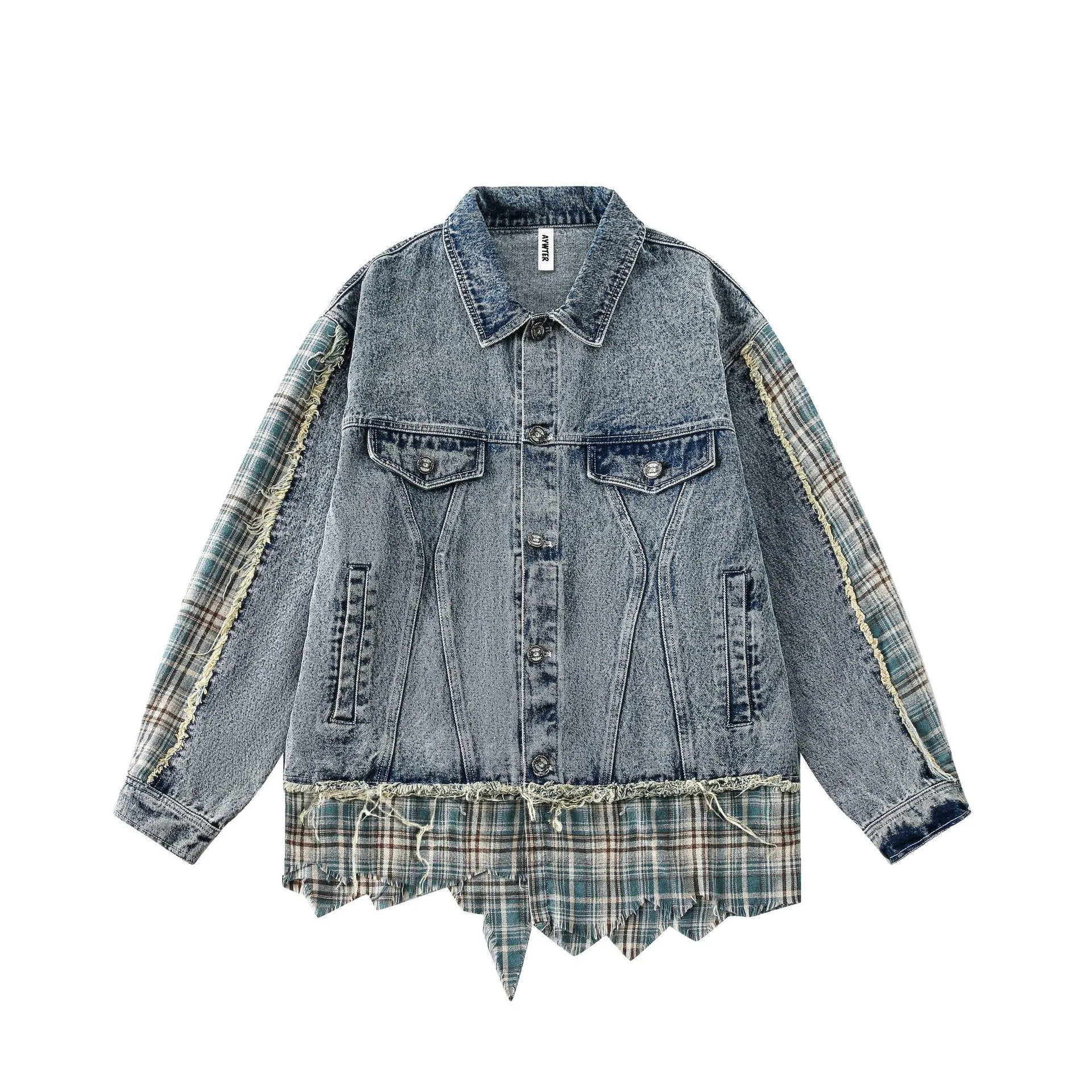 Jiayiku Men's  Spring New American Retro Stitching Plaid Wash Denim Jacket Fake Two-Piece Jacket display picture 21