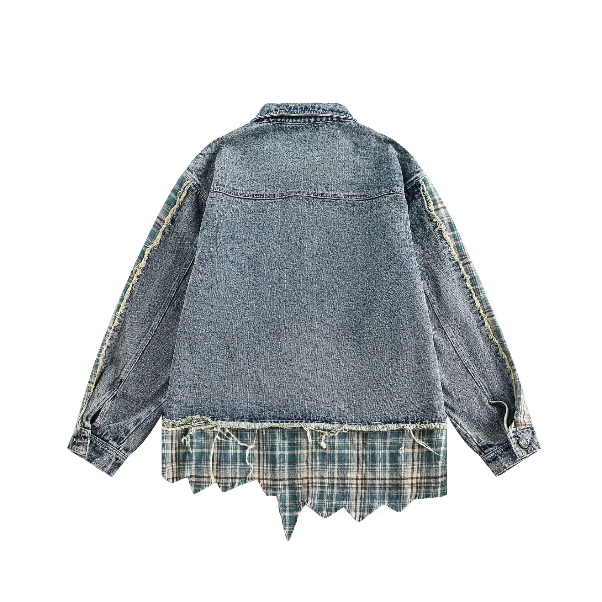 Jiayiku Men's  Spring New American Retro Stitching Plaid Wash Denim Jacket Fake Two-Piece Jacket display picture 22
