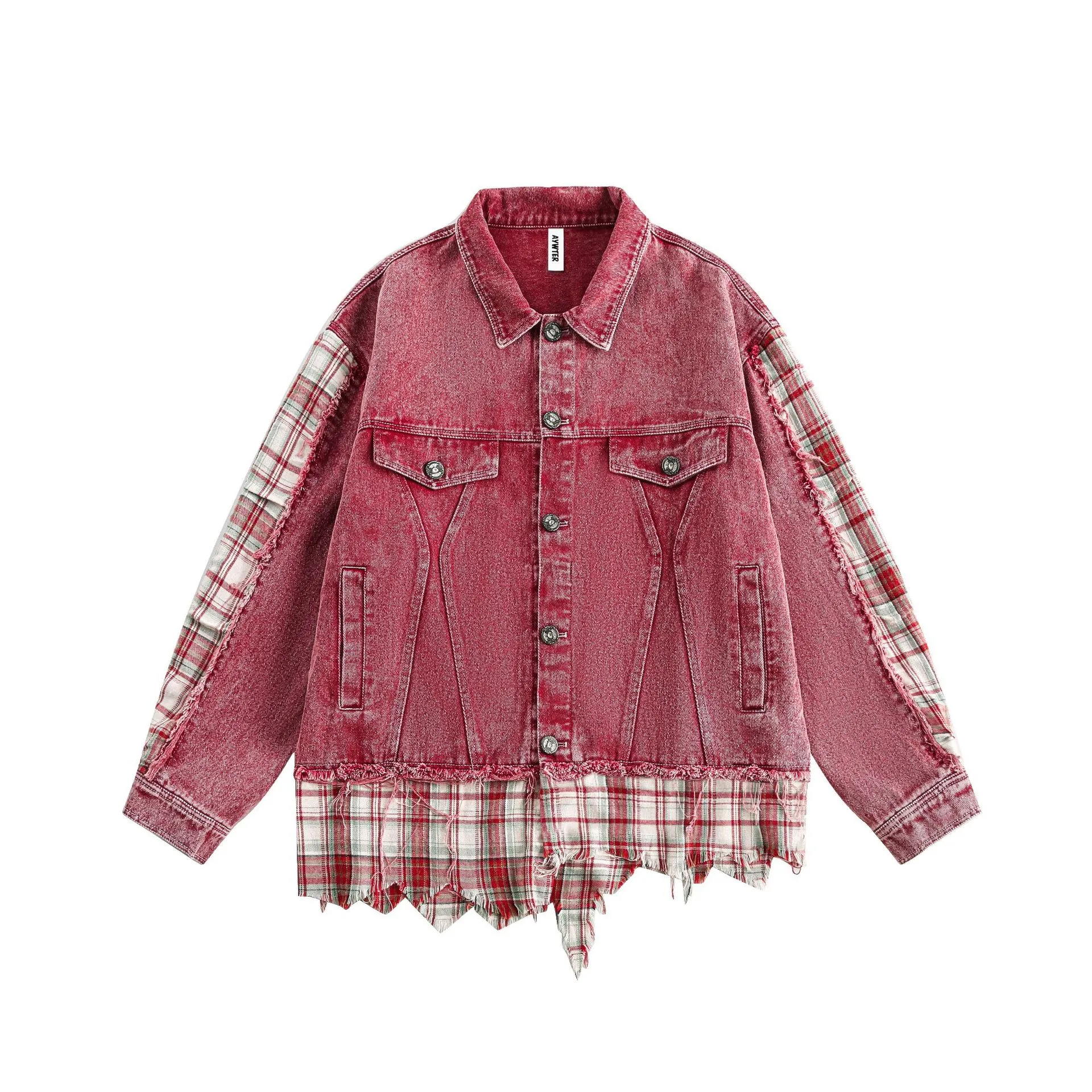Jiayiku Men's  Spring New American Retro Stitching Plaid Wash Denim Jacket Fake Two-Piece Jacket display picture 23