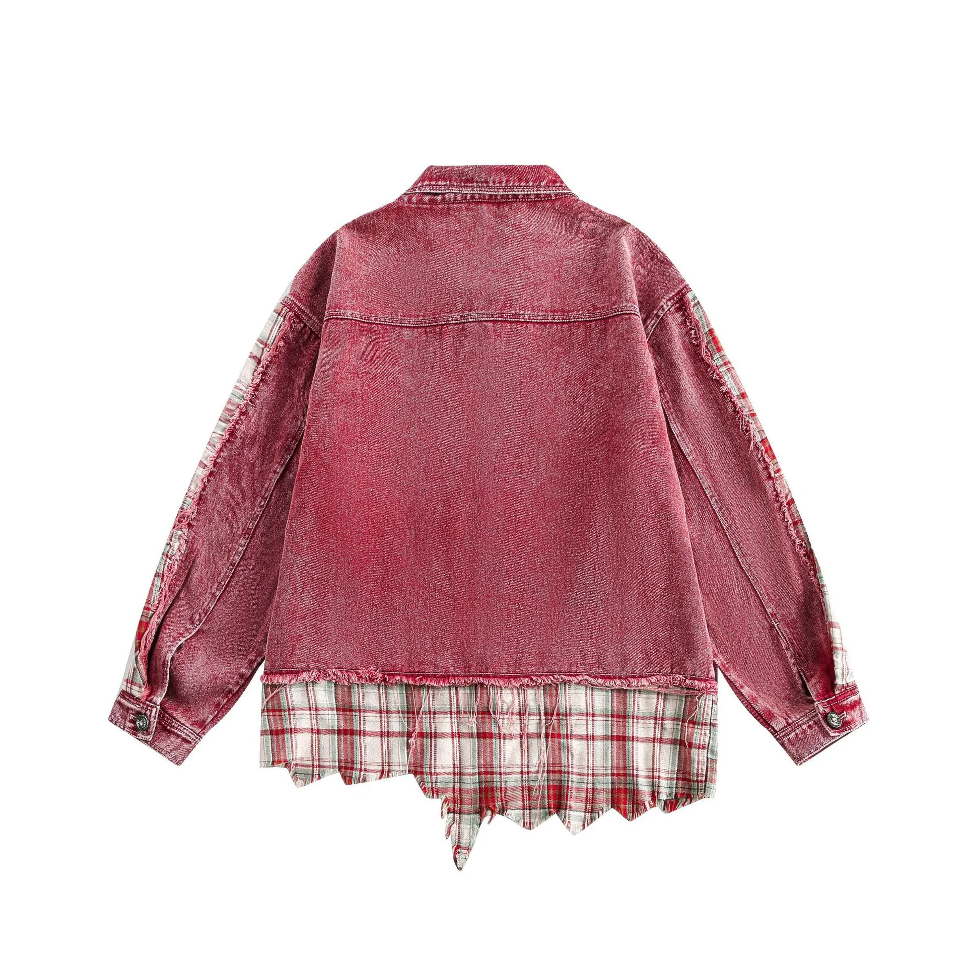 Jiayiku Men's  Spring New American Retro Stitching Plaid Wash Denim Jacket Fake Two-Piece Jacket display picture 24