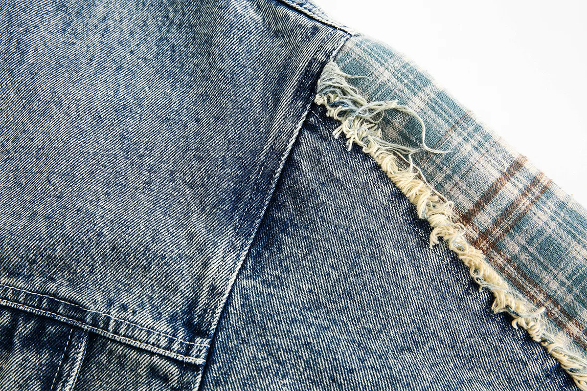 Jiayiku Men's  Spring New American Retro Stitching Plaid Wash Denim Jacket Fake Two-Piece Jacket display picture 30
