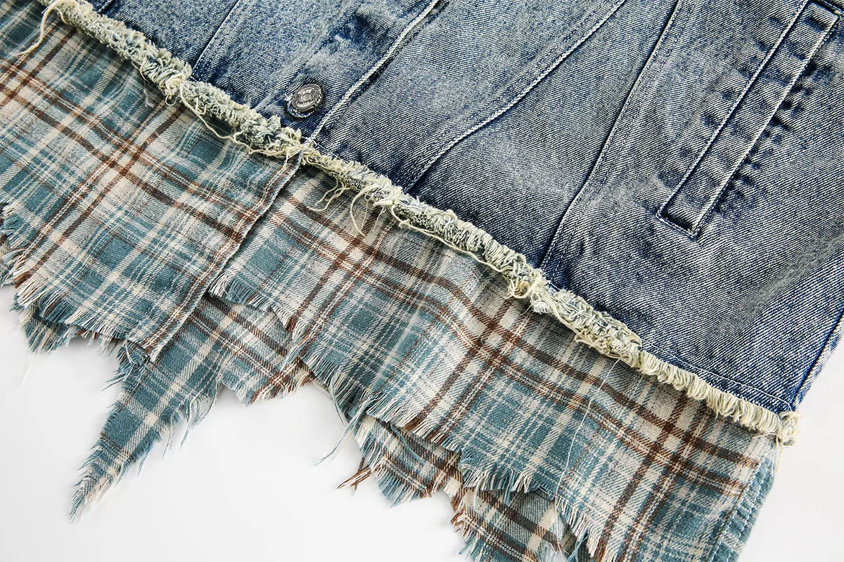 Jiayiku Men's  Spring New American Retro Stitching Plaid Wash Denim Jacket Fake Two-Piece Jacket display picture 33