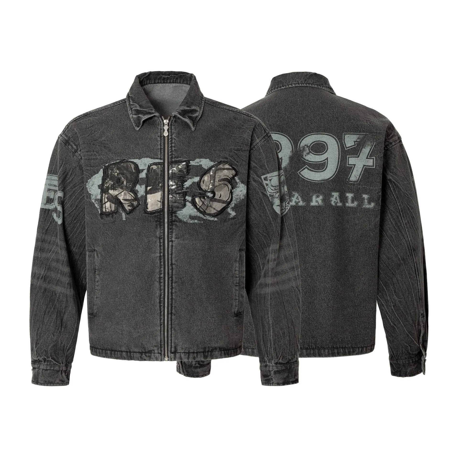 Jiayiku Men's  Spring New American Retro Camouflage Stitching Embroidered Denim Jacket Motorcycle Jacket display picture 19