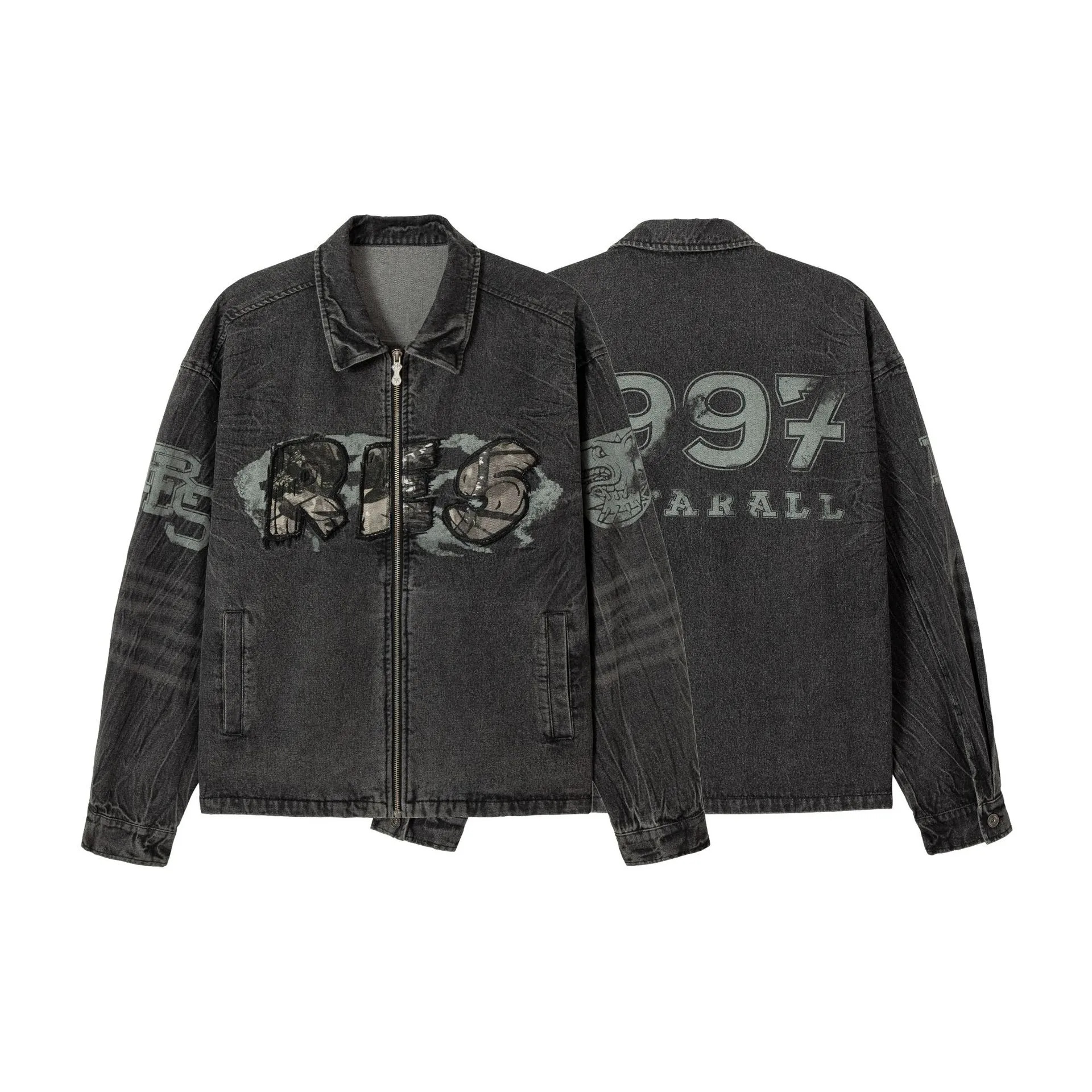 Jiayiku Men's  Spring New American Retro Camouflage Stitching Embroidered Denim Jacket Motorcycle Jacket display picture 25