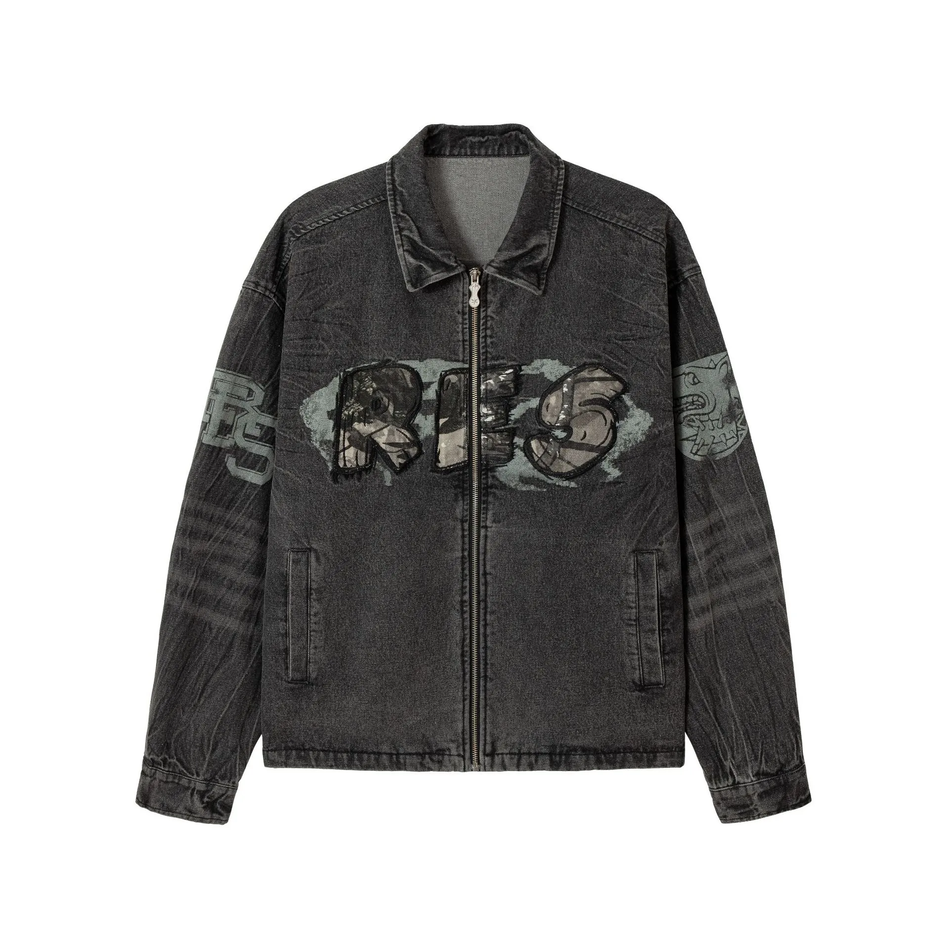 Jiayiku Men's  Spring New American Retro Camouflage Stitching Embroidered Denim Jacket Motorcycle Jacket display picture 26