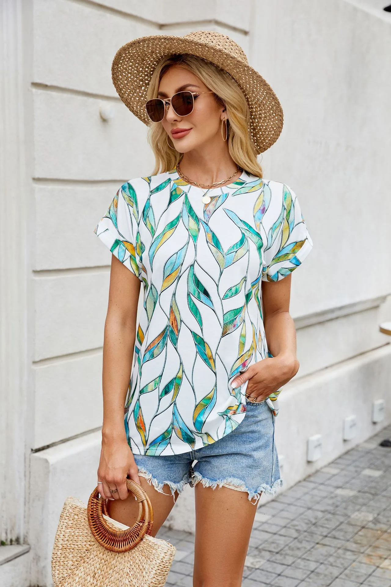Europe And The United States  Foreign Trade  Spring Summer Summer Printed Round Neck Loose Short Sleeve T-shirt Top Women's In Stock display picture 2