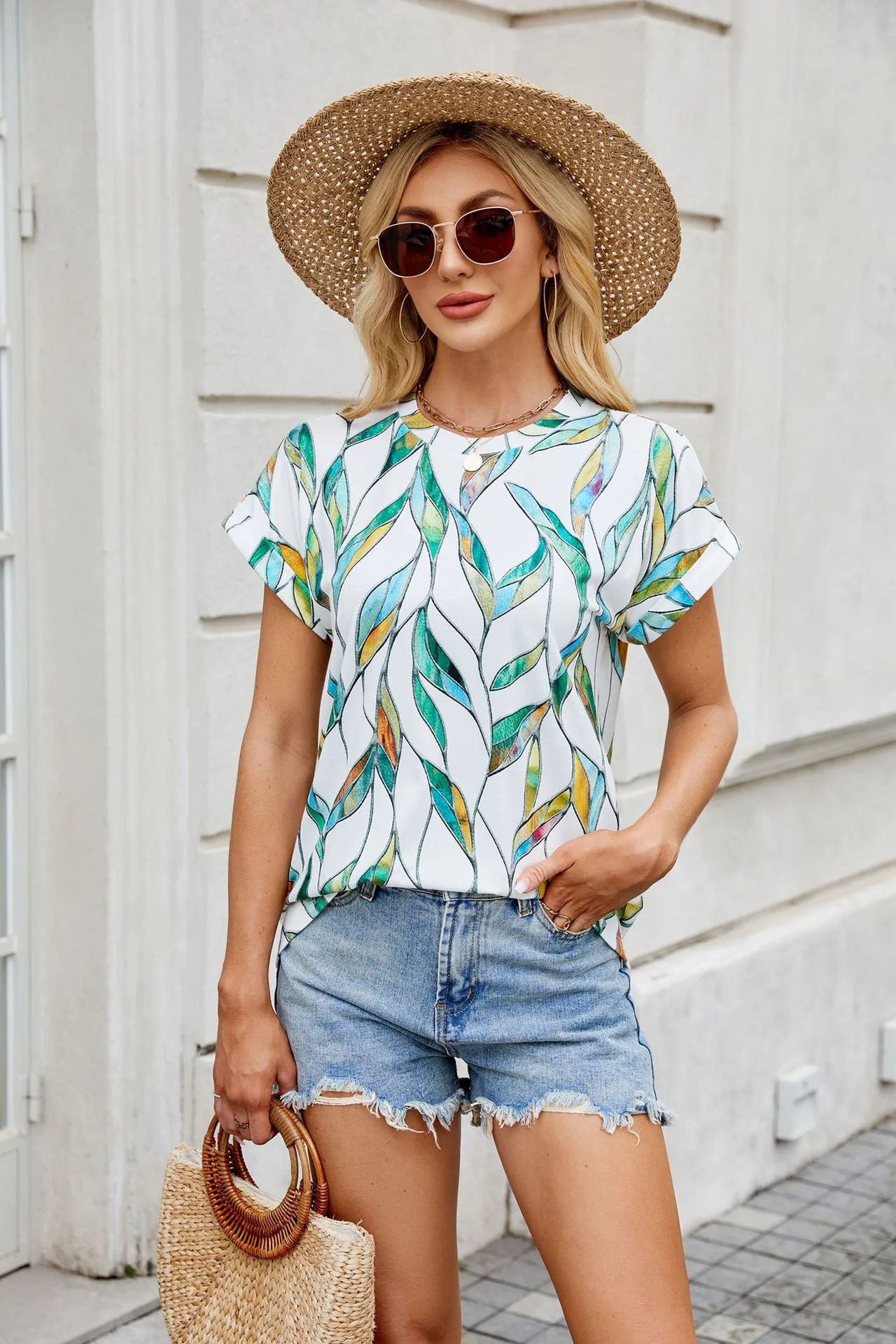 Europe And The United States  Foreign Trade  Spring Summer Summer Printed Round Neck Loose Short Sleeve T-shirt Top Women's In Stock display picture 3