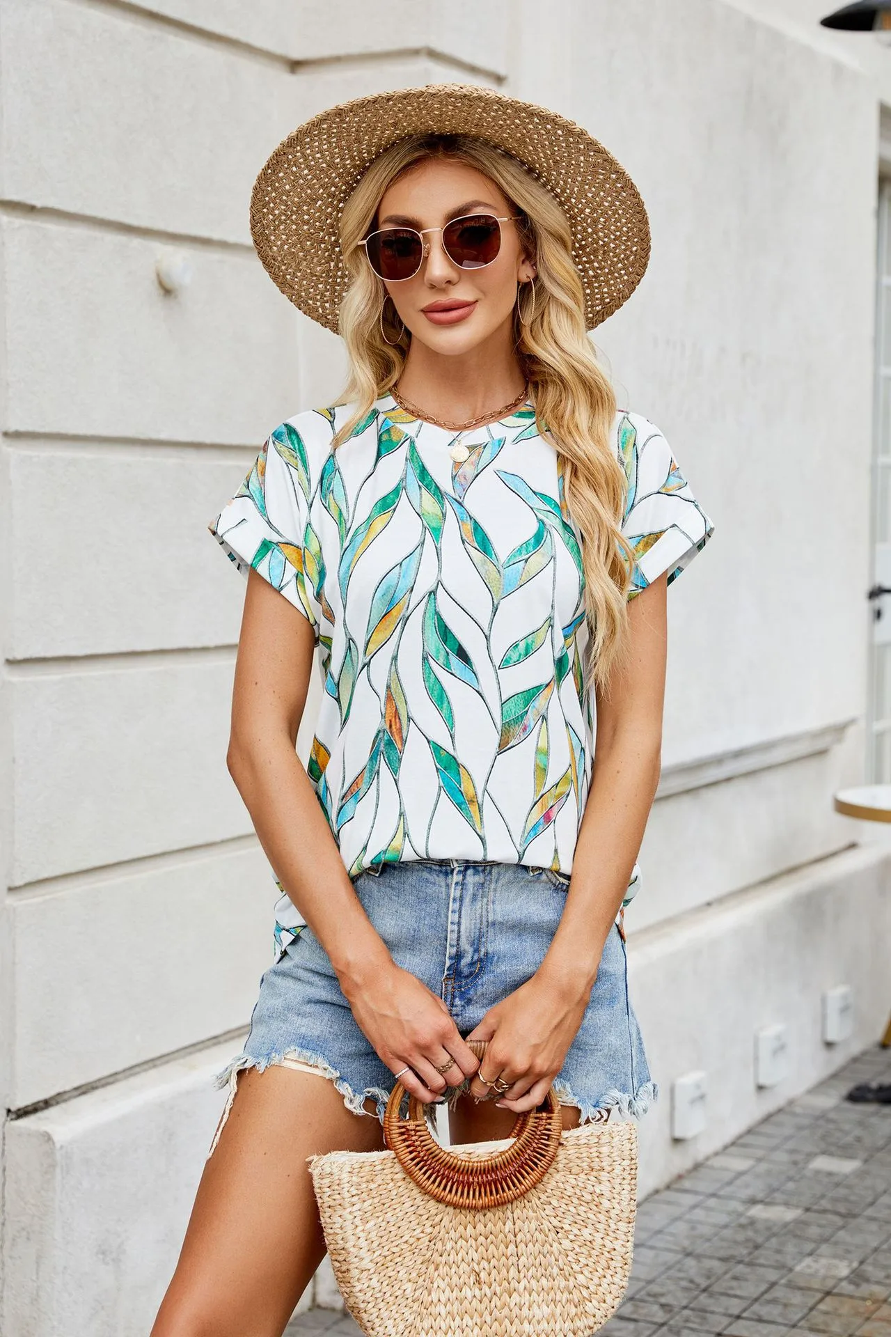 Europe And The United States  Foreign Trade  Spring Summer Summer Printed Round Neck Loose Short Sleeve T-shirt Top Women's In Stock display picture 4