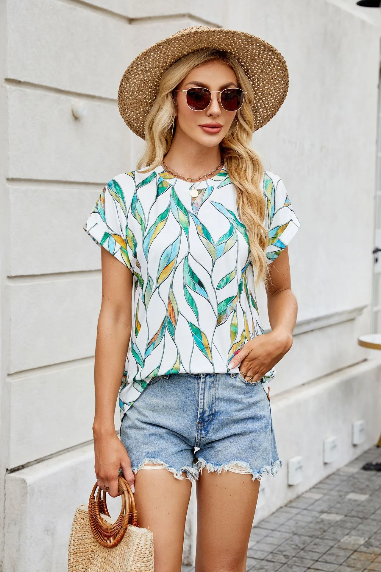 Europe And The United States  Foreign Trade  Spring Summer Summer Printed Round Neck Loose Short Sleeve T-shirt Top Women's In Stock display picture 5