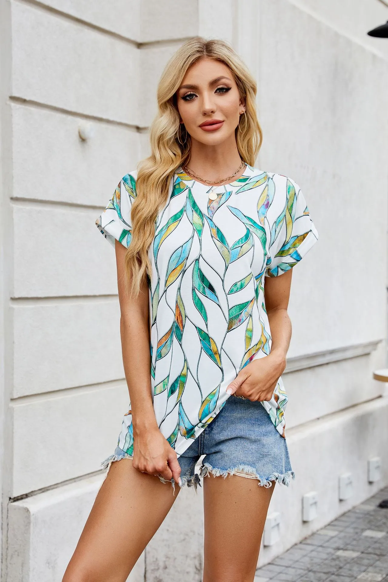Europe And The United States  Foreign Trade  Spring Summer Summer Printed Round Neck Loose Short Sleeve T-shirt Top Women's In Stock display picture 6