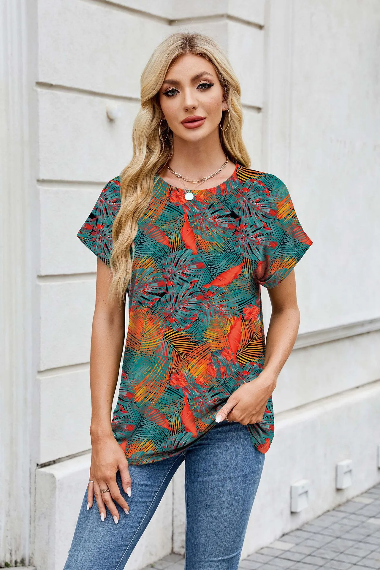 Europe And The United States  Foreign Trade  Spring Summer Summer Printed Round Neck Loose Short Sleeve T-shirt Top Women's In Stock display picture 12