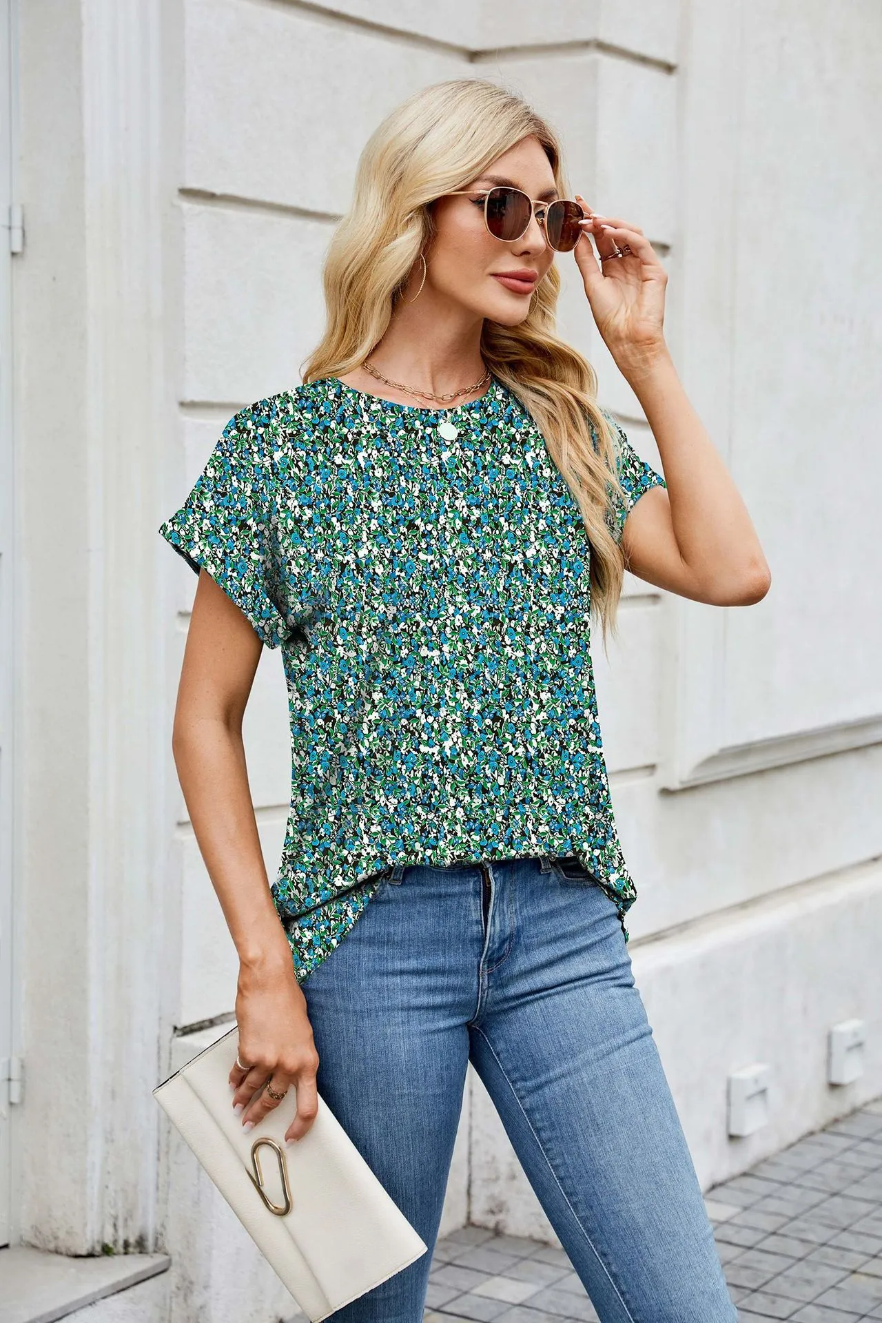 Europe And The United States  Foreign Trade  Spring Summer Summer Printed Round Neck Loose Short Sleeve T-shirt Top Women's In Stock display picture 15