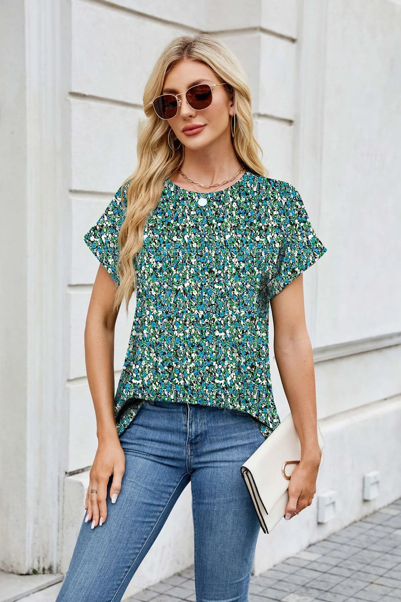 Europe And The United States  Foreign Trade  Spring Summer Summer Printed Round Neck Loose Short Sleeve T-shirt Top Women's In Stock display picture 17