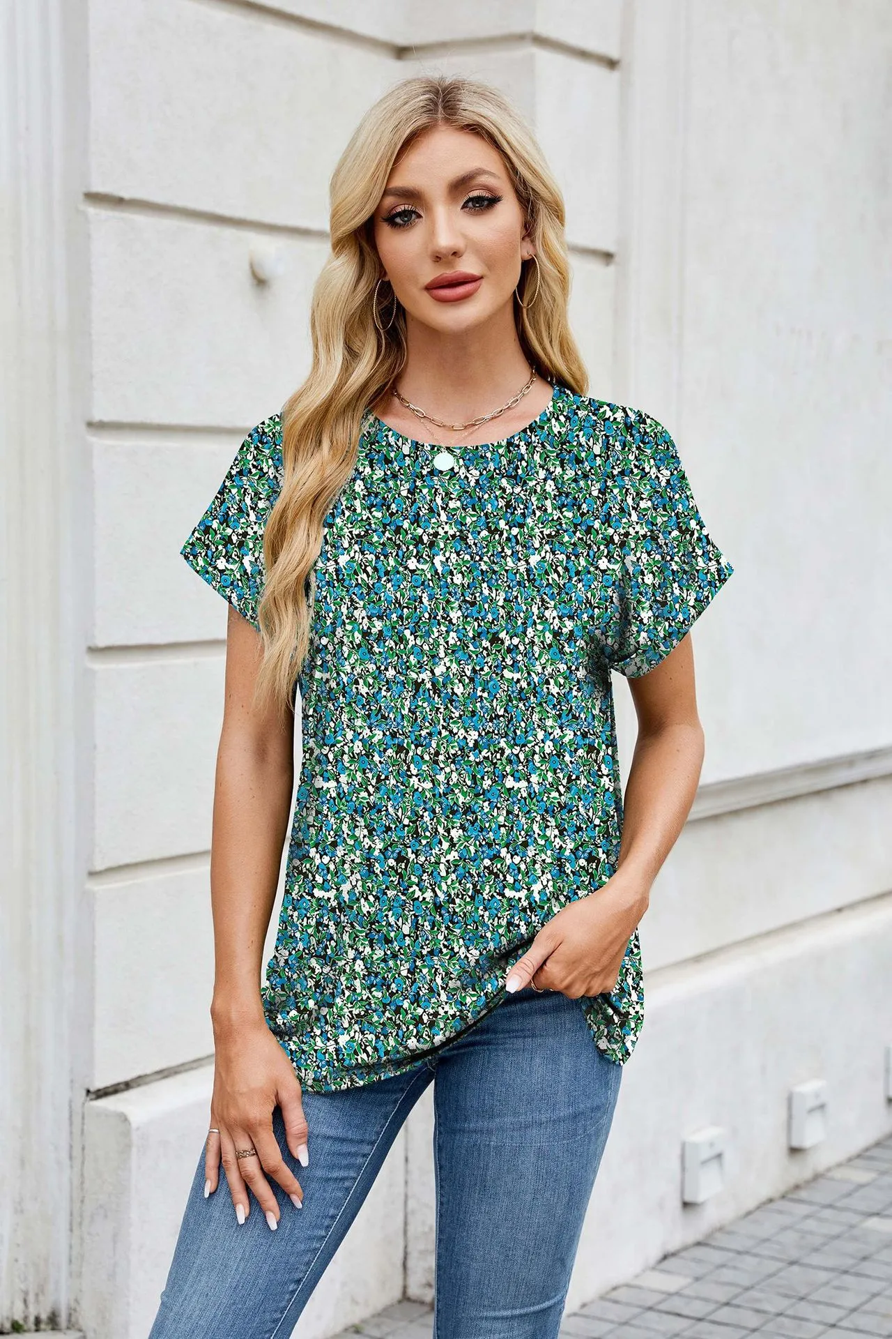 Europe And The United States  Foreign Trade  Spring Summer Summer Printed Round Neck Loose Short Sleeve T-shirt Top Women's In Stock display picture 18