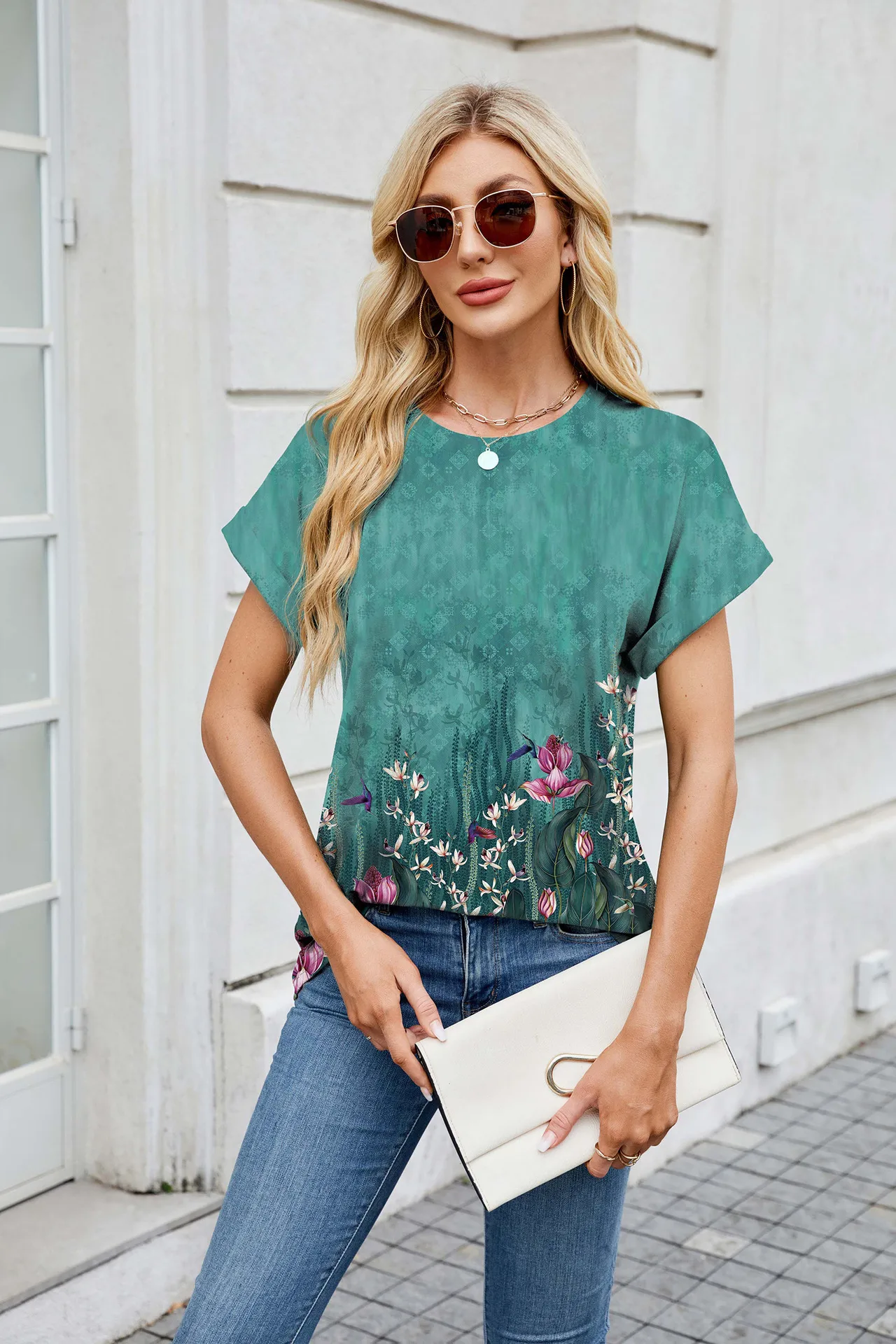 Europe And The United States  Foreign Trade  Spring Summer Summer Printed Round Neck Loose Short Sleeve T-shirt Top Women's In Stock display picture 22