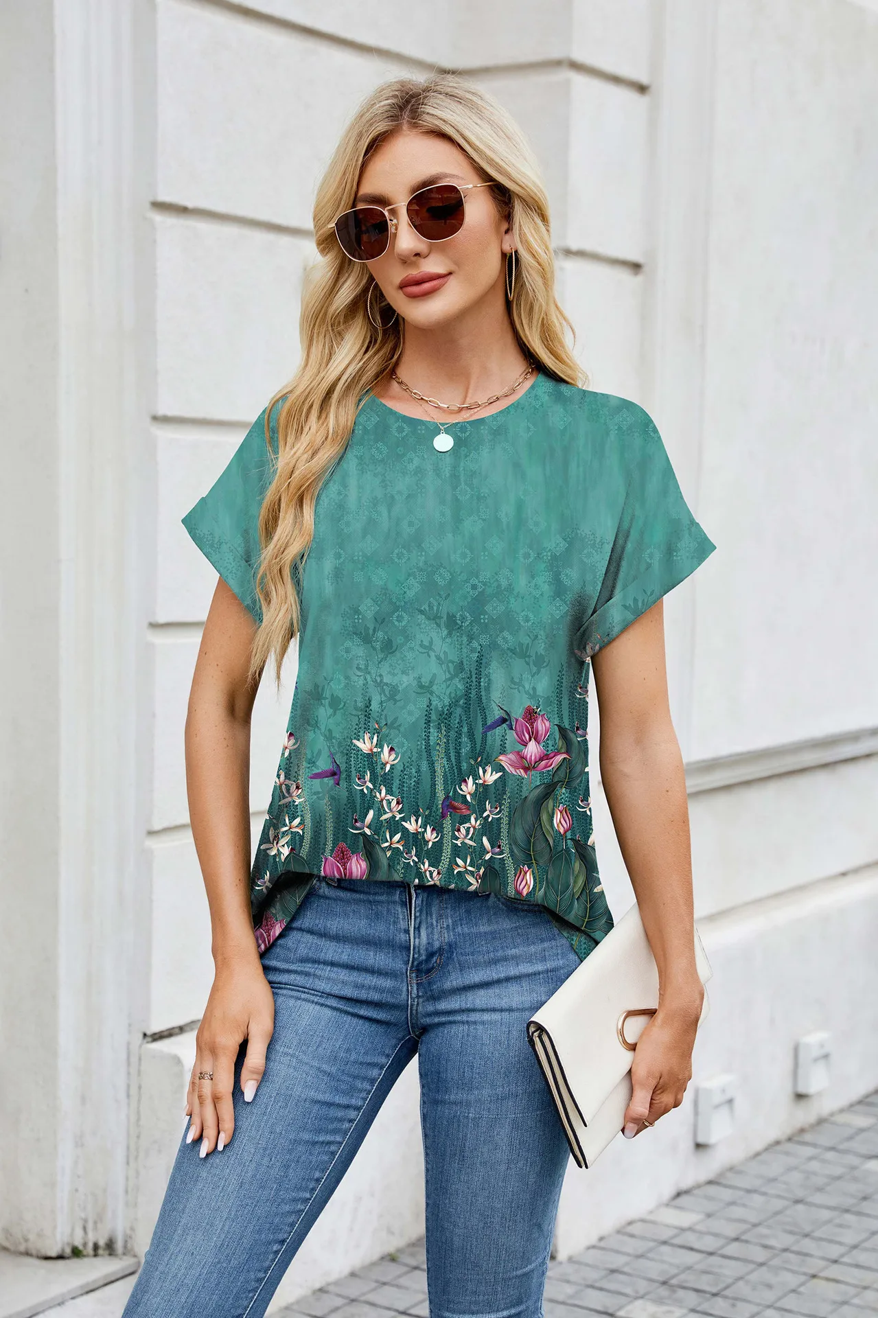 Europe And The United States  Foreign Trade  Spring Summer Summer Printed Round Neck Loose Short Sleeve T-shirt Top Women's In Stock display picture 23