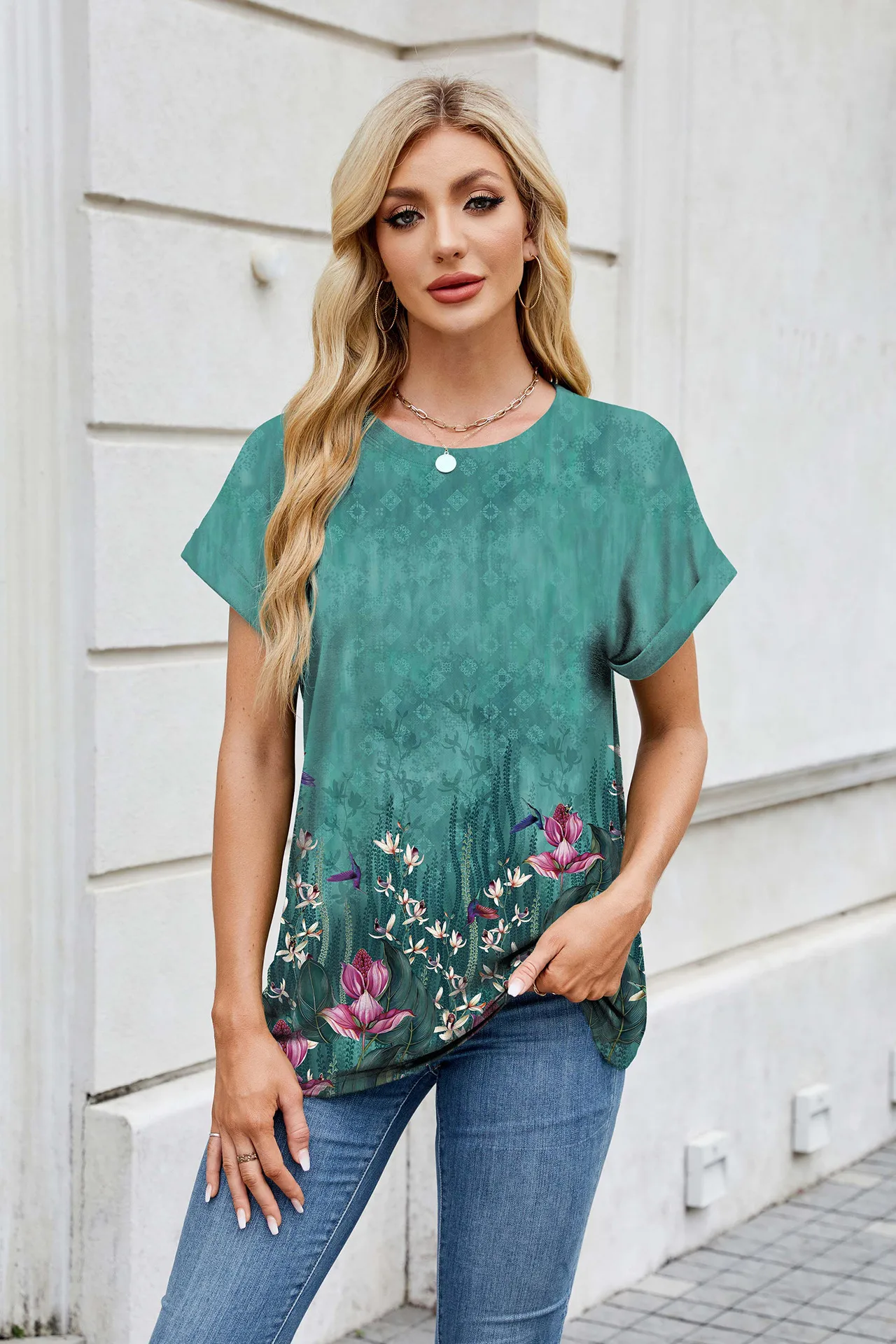 Europe And The United States  Foreign Trade  Spring Summer Summer Printed Round Neck Loose Short Sleeve T-shirt Top Women's In Stock display picture 24